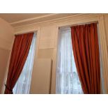 A Pair Of Red Lined Stripped Drape Curtains On Brass Pole Spans 220 X 320cm (Room 17)