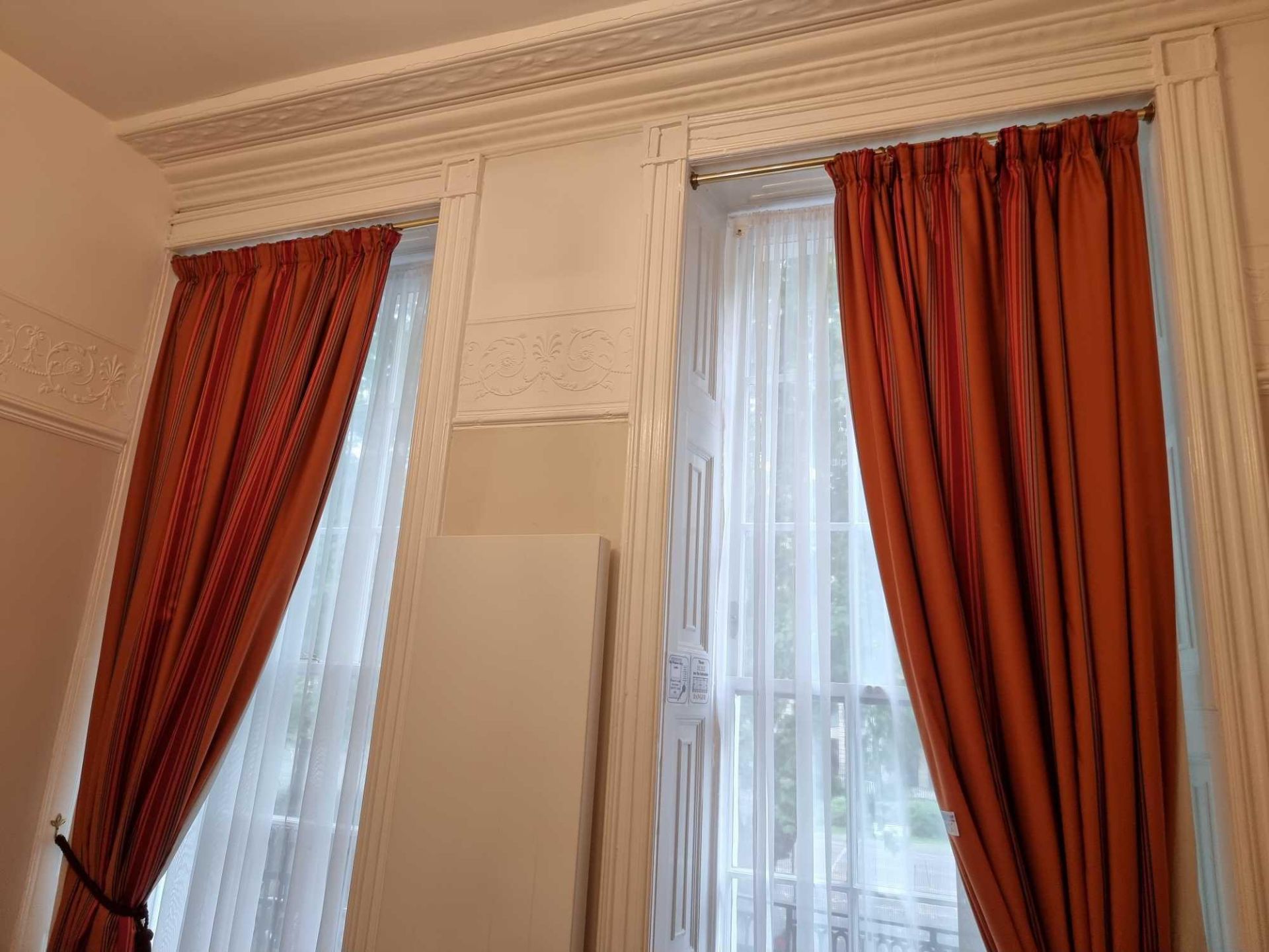 A Pair Of Red Lined Stripped Drape Curtains On Brass Pole Spans 220 X 320cm (Room 17)