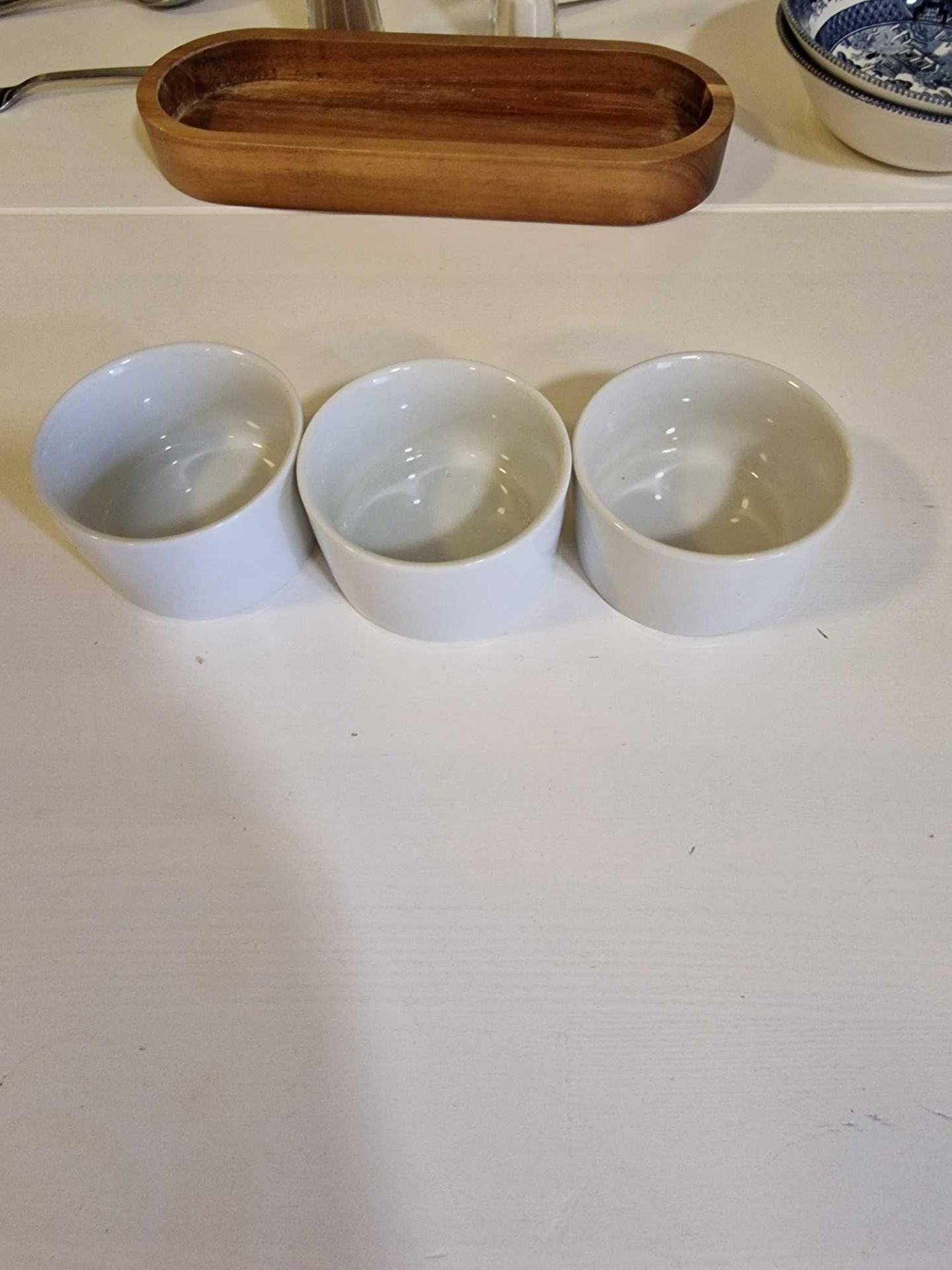 Various Olympia Whiteware Jugs, Ramekins And Butter Bowls As Found And Olympia Wooden Condiment