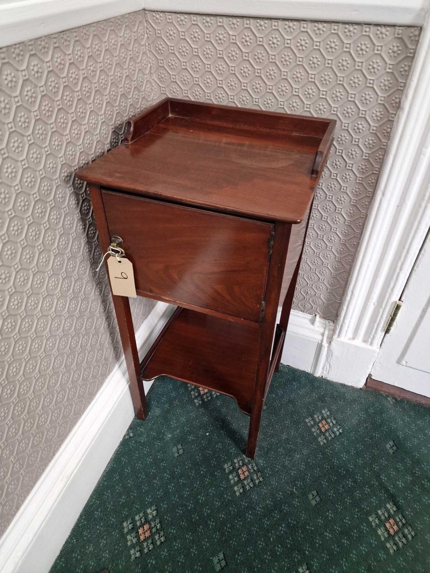 Early 19th Century Mahogany Pot Cupboard With Gallery Rail To Top And Shaped Shelf Below, Raised