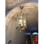 Victorian Hexagonal 3 Lamp Brass Hall Lantern With Chain Suspension And Foliate Cup Above Ogee