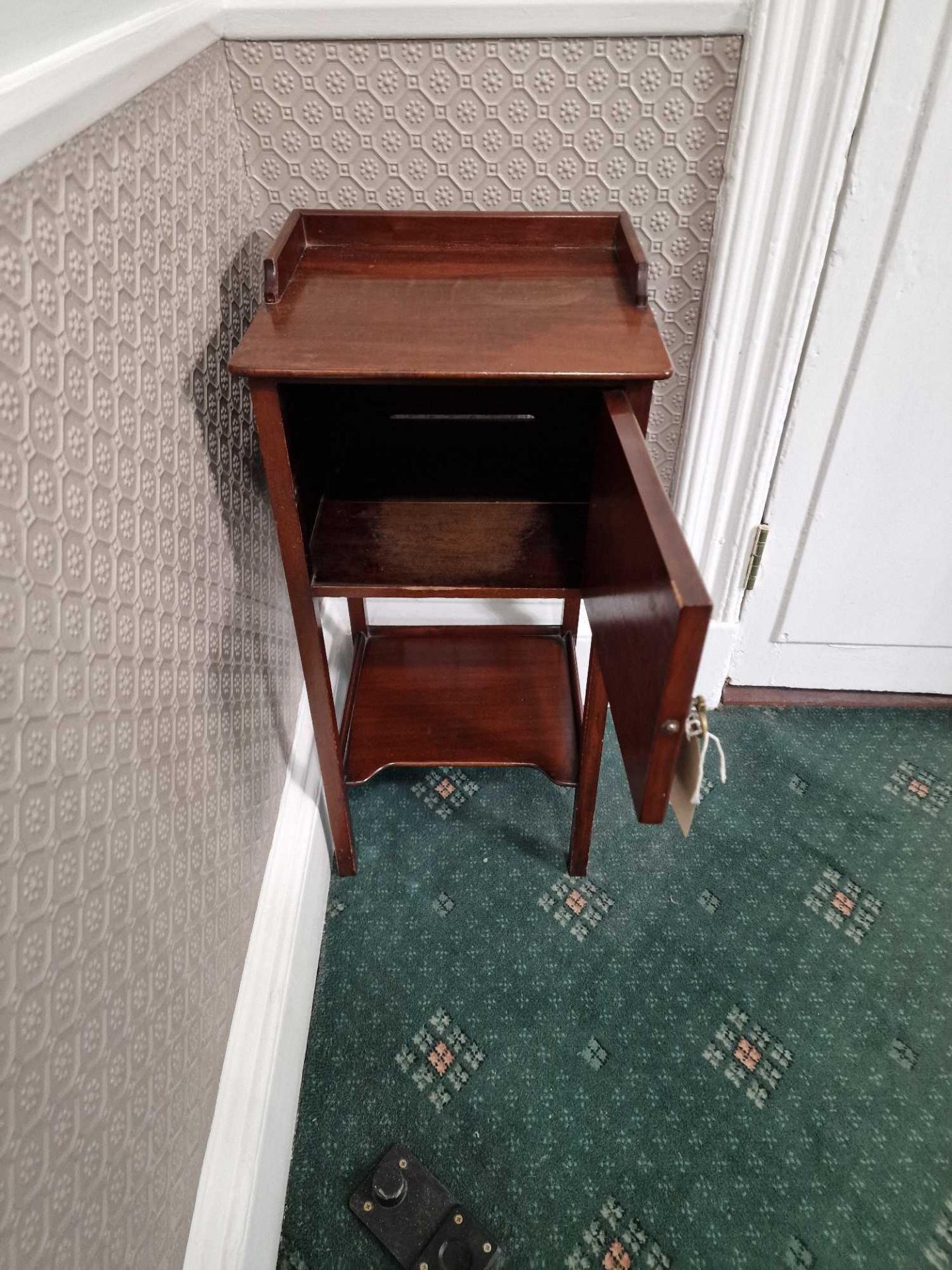 Early 19th Century Mahogany Pot Cupboard With Gallery Rail To Top And Shaped Shelf Below, Raised - Bild 2 aus 3