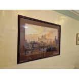 Framed Coloured Print London Sunset Pentonville Road St Pancras Hotel John O Connor In A Glazed Wood