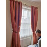 A Pair Of Red Lined Stripped Drape Curtains On Brass Pole Spans 140 X 260cm (Room 35)