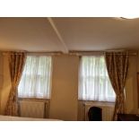 A Pair Of Drape Curtains In A Gold Baroque Pattern Ring Top On Wood Poles Span 240 X 210cm (Room