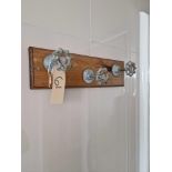 A Wall Mounted Towel Hook Three Antique Valves On Wood Plaque 36 X 10cm