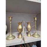 4 X Brass Decorative Objets Comprising Of 2 X Candle Holders And 2 X Bud Vase Jugs