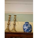 A Pair Of Brass Candlesticks 28cm And A Blue And White Ceramic Lidded Pot 15cm