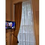 A Single Panel Window Drape Fully Lined Curtain Gold Pattern Throughout Mounted On Brass Pole Span