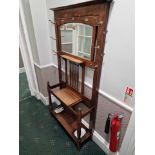 Arts And Crafts Stained Oak Hall Stand C1900, Pediment Top With Original Double Hooks For Hats And