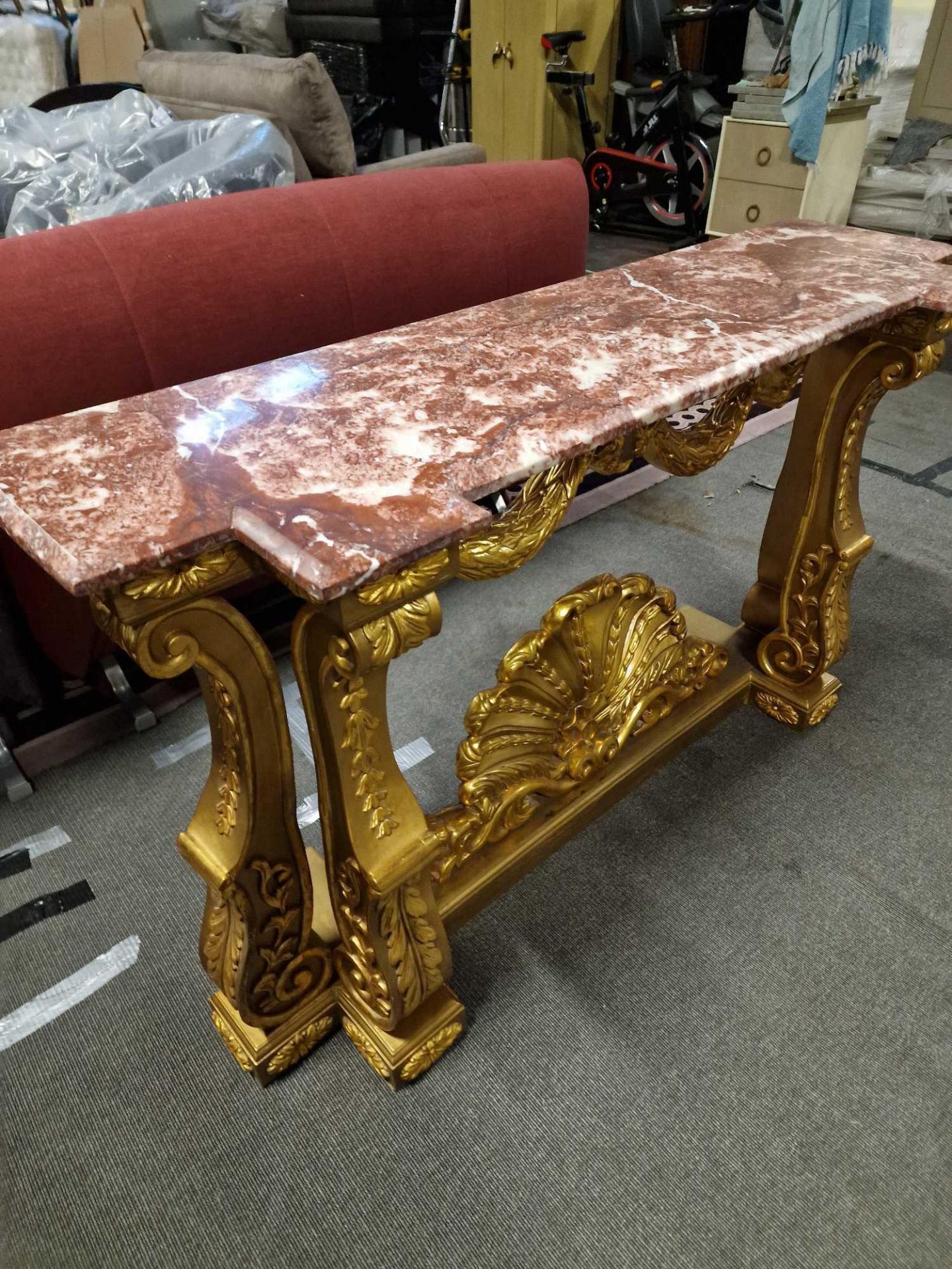 Italian Carved Gilt Wood Rococo Style Console Table The Bevelled Moulded And Thick Rosso Alicante - Image 13 of 16