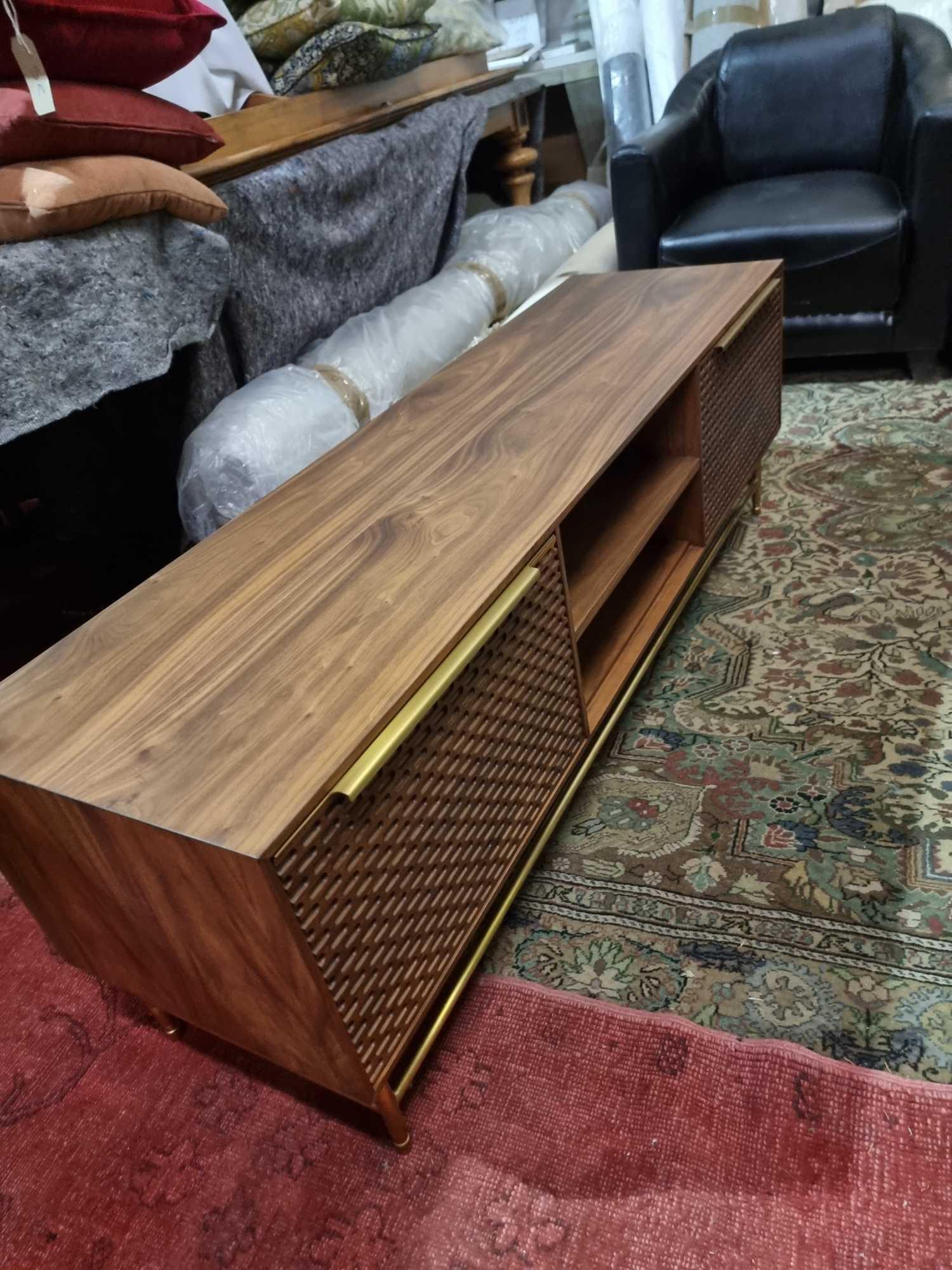 Combe Walnut Media Unit Solid And Veneer Black American Walnut With Honeycomb Carved Door Mounted on - Image 5 of 7