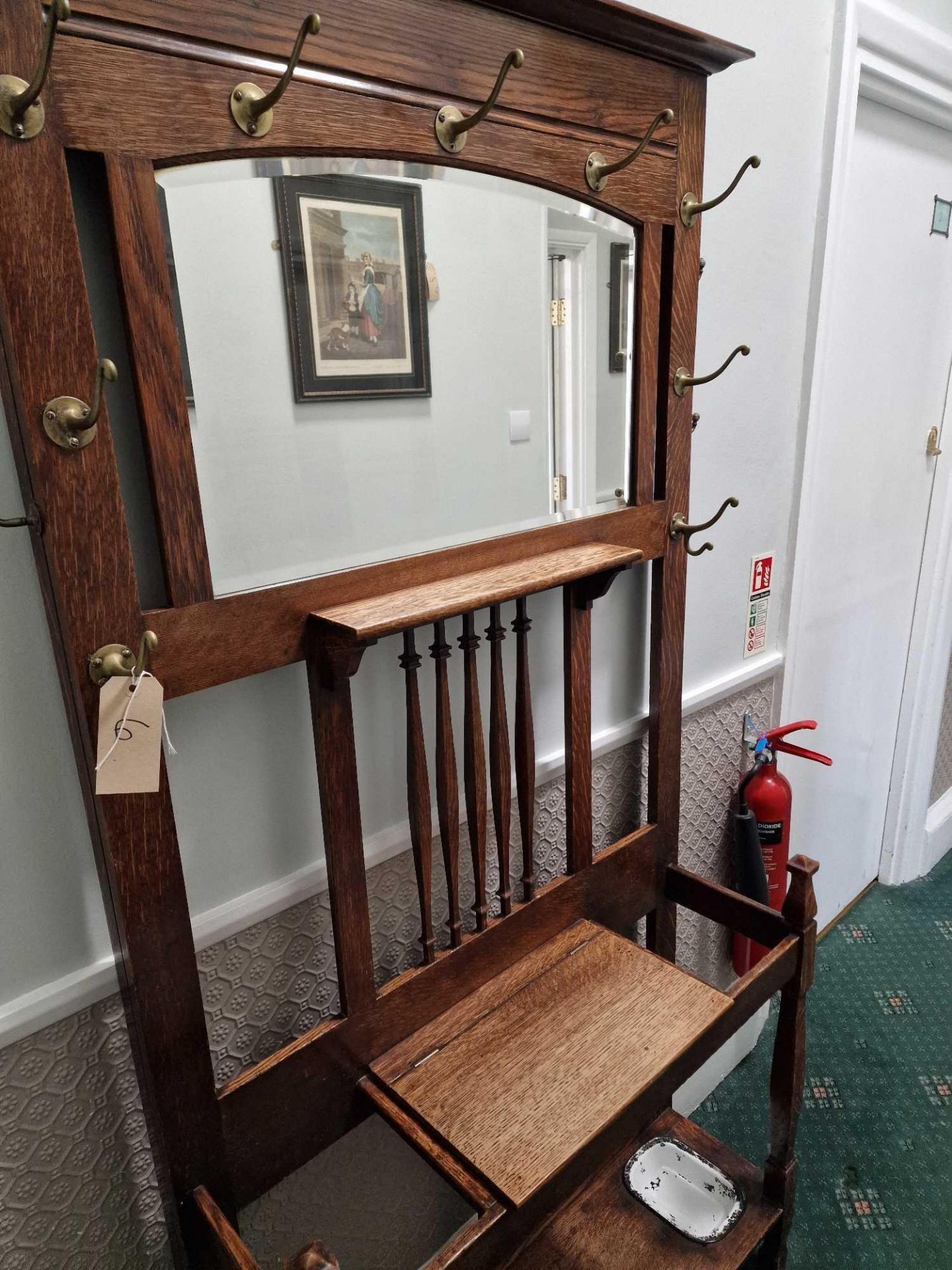 Arts And Crafts Stained Oak Hall Stand C1900, Pediment Top With Original Double Hooks For Hats And - Image 6 of 7