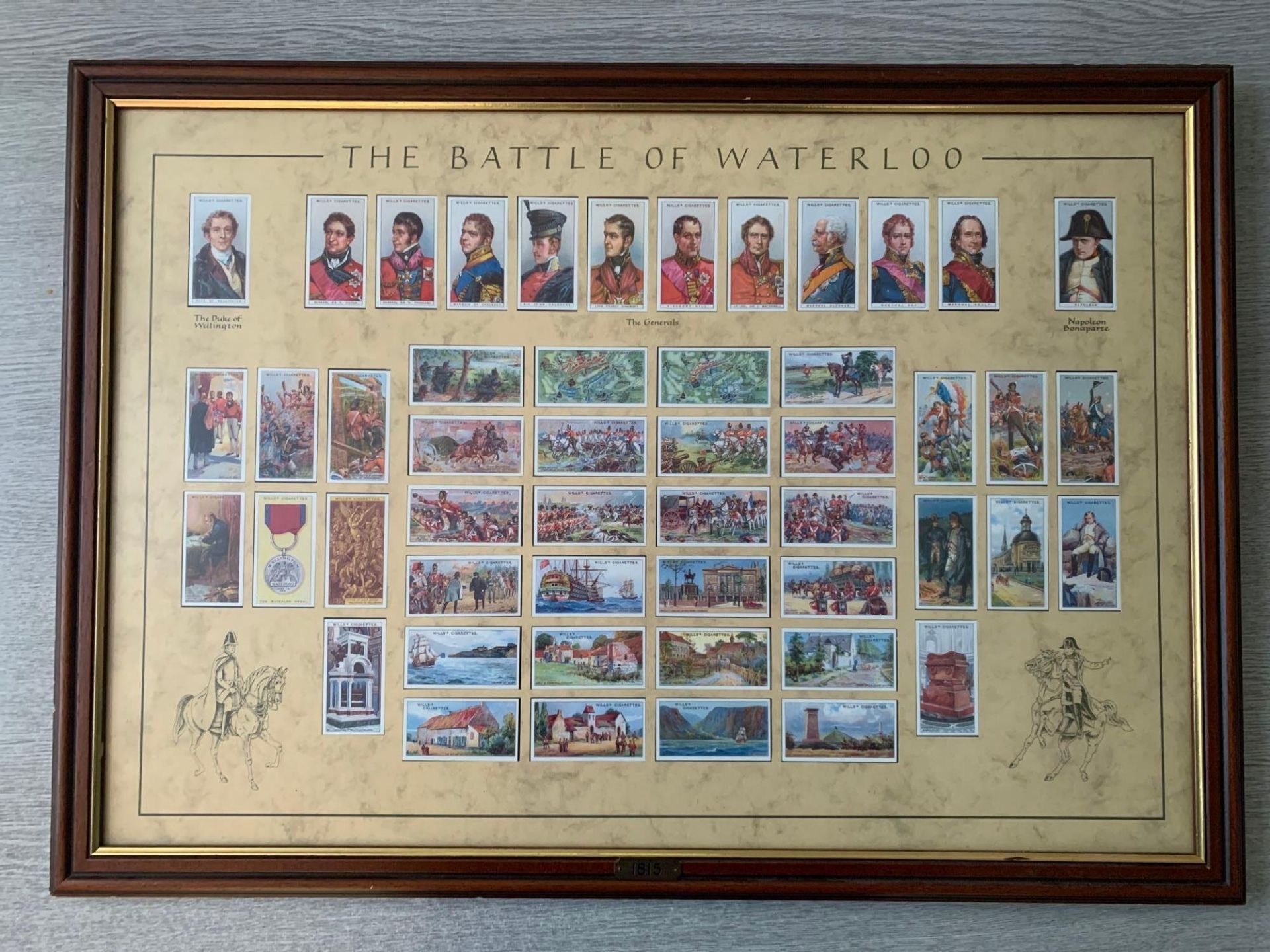 Framed Set Of Wills Cigarette Cards For The Battle Of Waterloo In Timber Frame 70 x 49cm