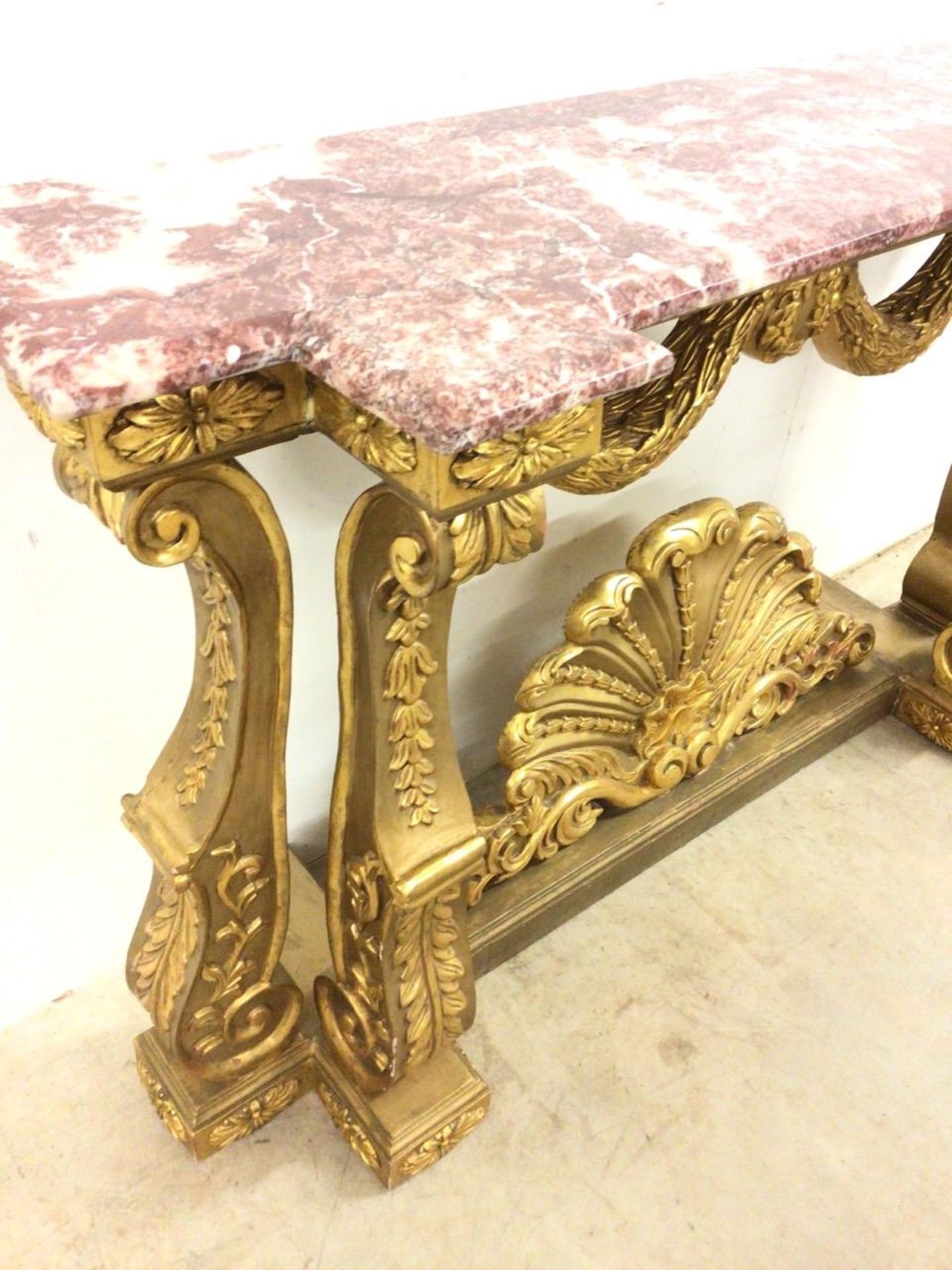 Italian Carved Gilt Wood Rococo Style Console Table The Bevelled Moulded And Thick Rosso Alicante - Image 3 of 24