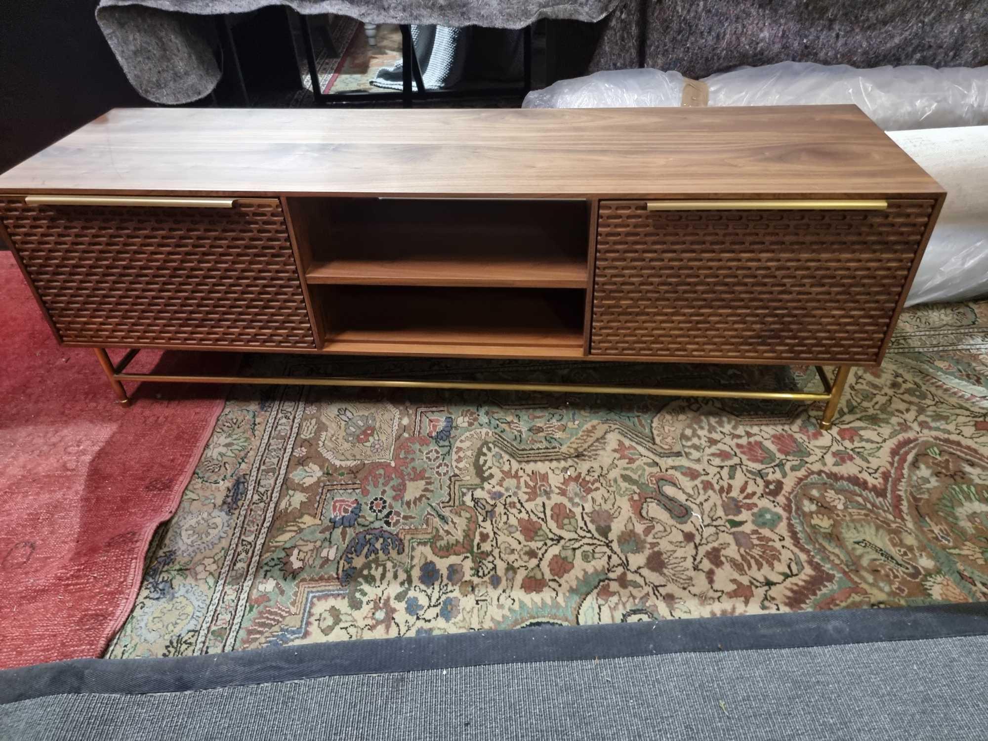 Combe Walnut Media Unit Solid And Veneer Black American Walnut With Honeycomb Carved Door Mounted on - Image 4 of 7