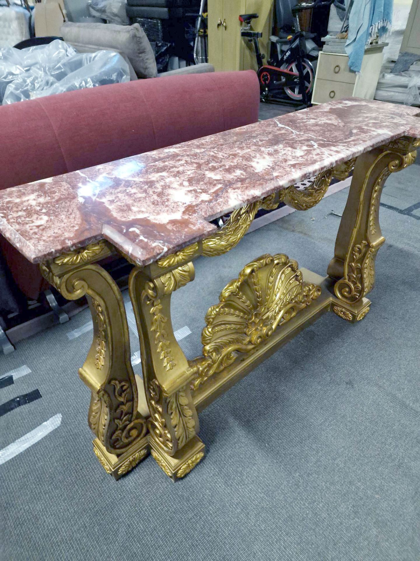 Italian Carved Gilt Wood Rococo Style Console Table The Bevelled Moulded And Thick Rosso Alicante - Image 14 of 16