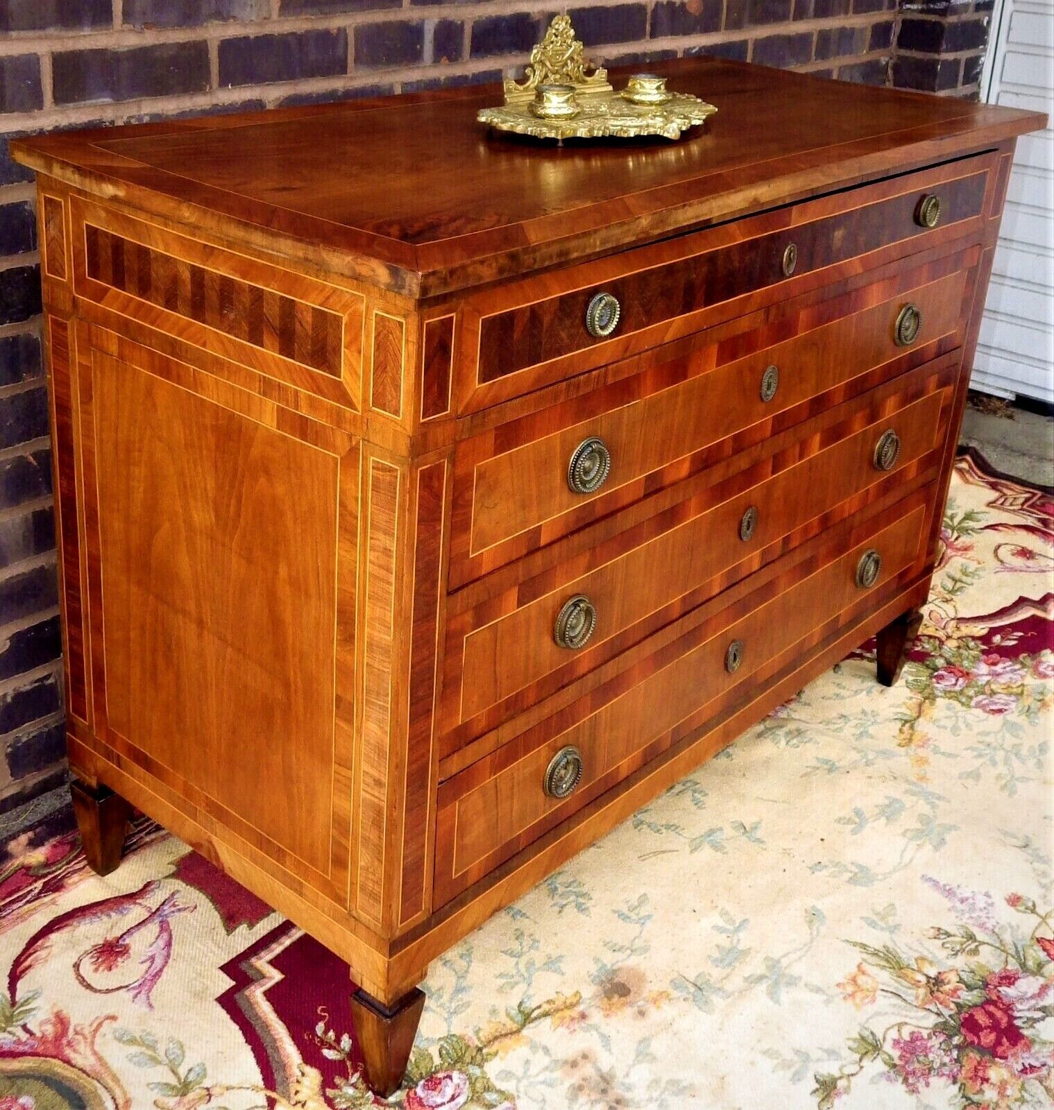 French Louis XV-XVI Transitional Period Commode Chest With Lovely Marquetry Inlay Top The Case In