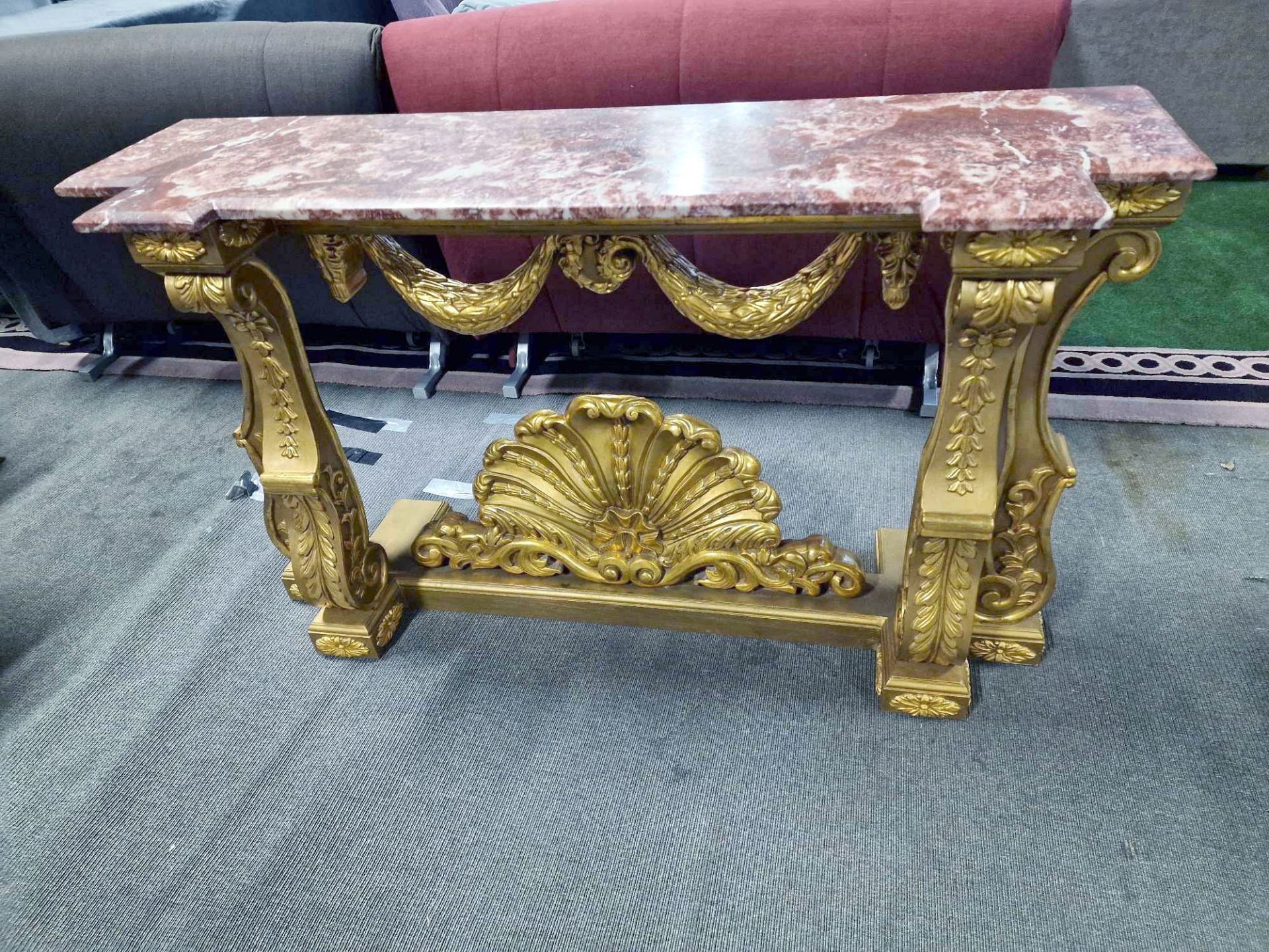 Italian Carved Gilt Wood Rococo Style Console Table The Bevelled Moulded And Thick Rosso Alicante - Image 3 of 16