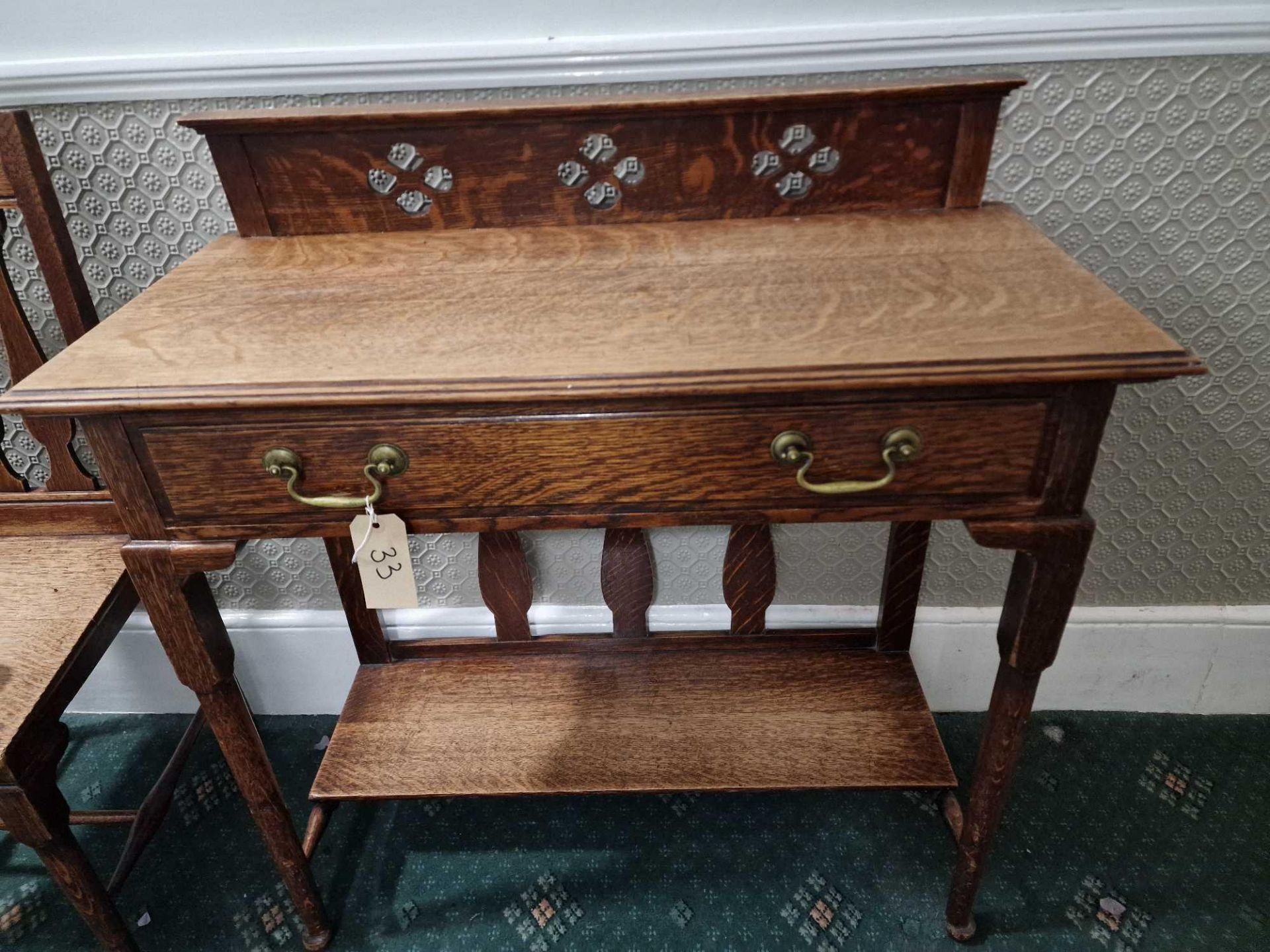 A Victorian Oak Stained Hall Table  Raised Carved Moulded Back Above A Beautifully Figured Top