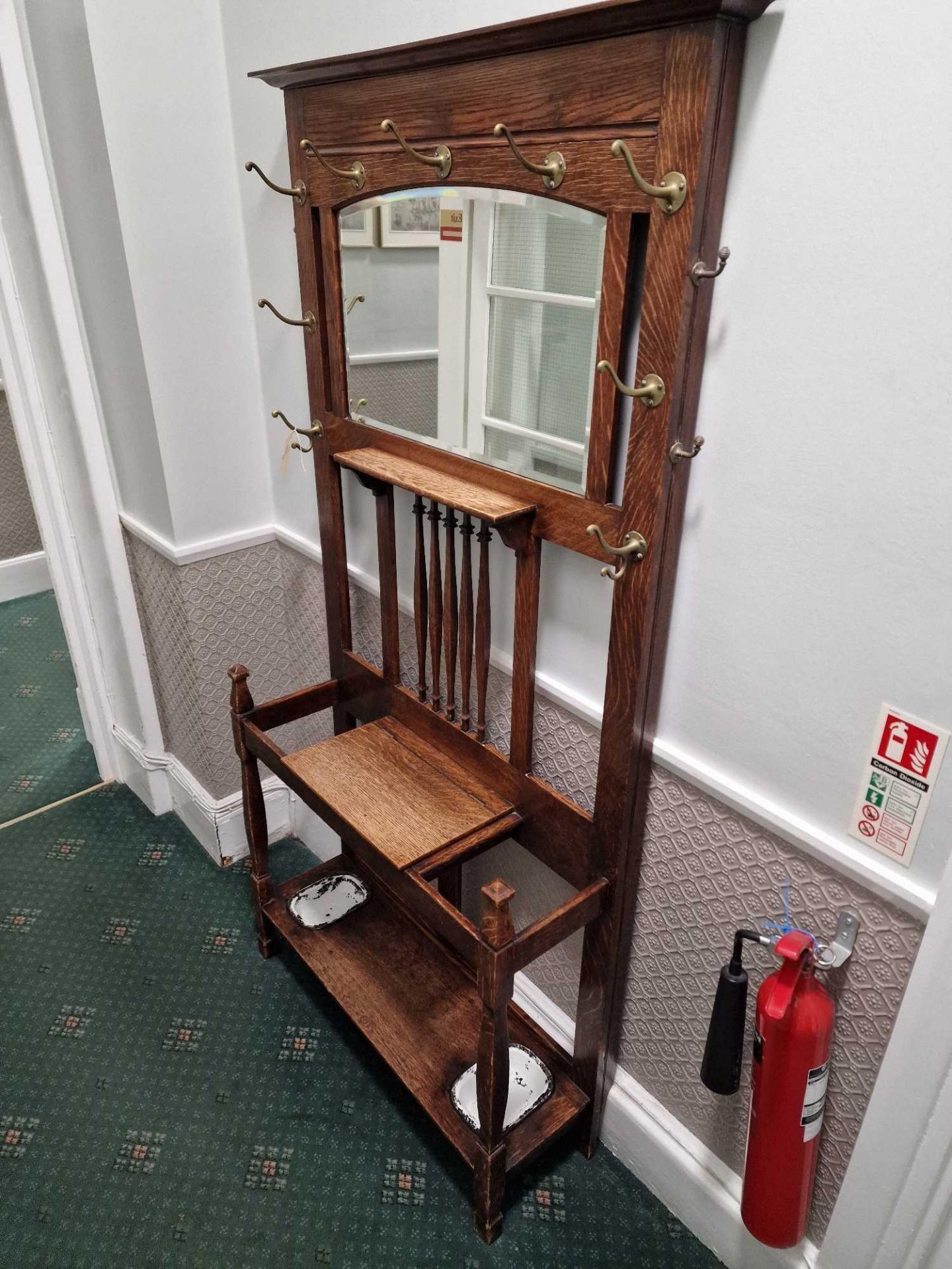 Arts And Crafts Stained Oak Hall Stand C1900, Pediment Top With Original Double Hooks For Hats And - Image 7 of 7