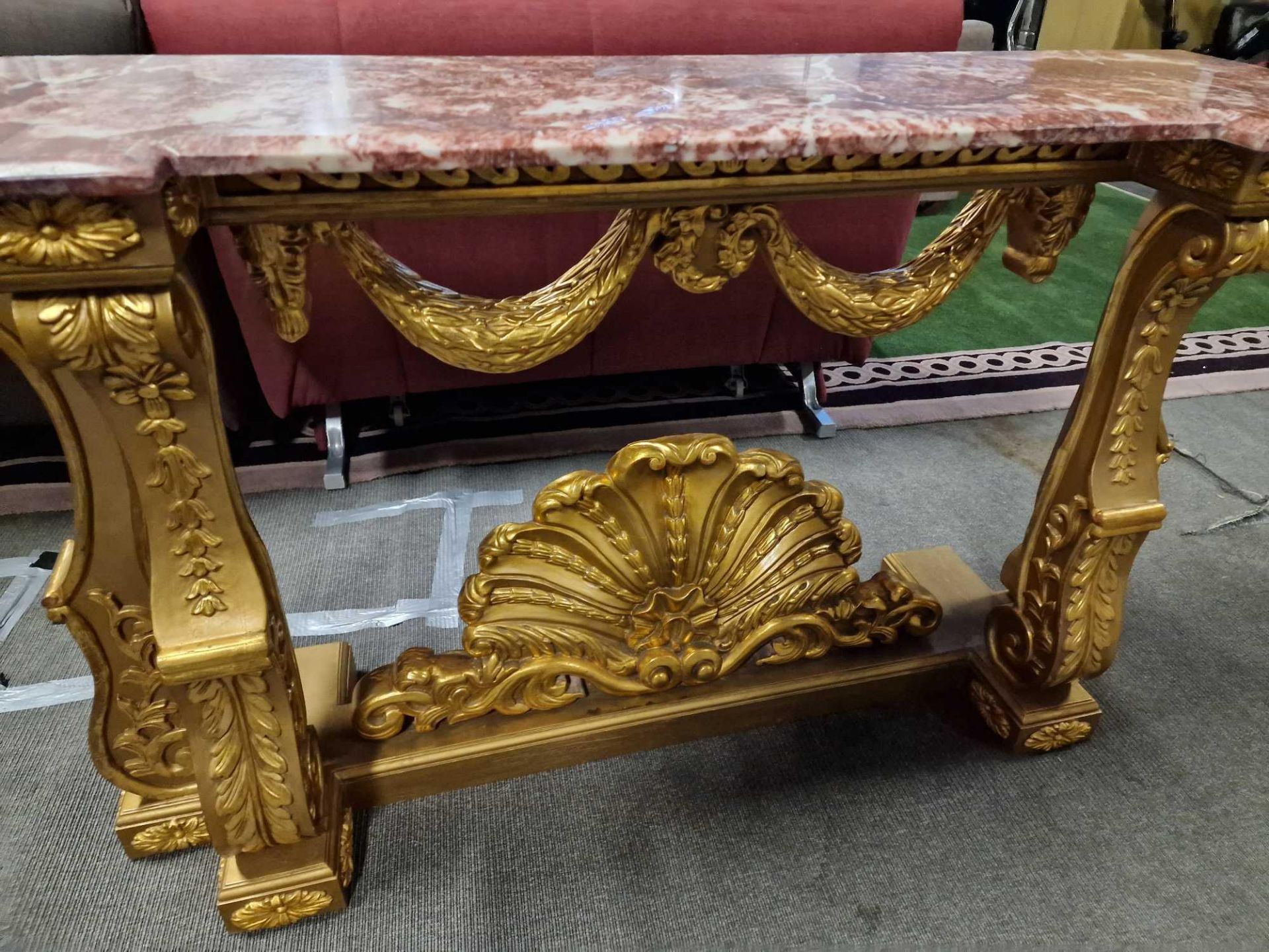 Italian Carved Gilt Wood Rococo Style Console Table The Bevelled Moulded And Thick Rosso Alicante - Image 15 of 16