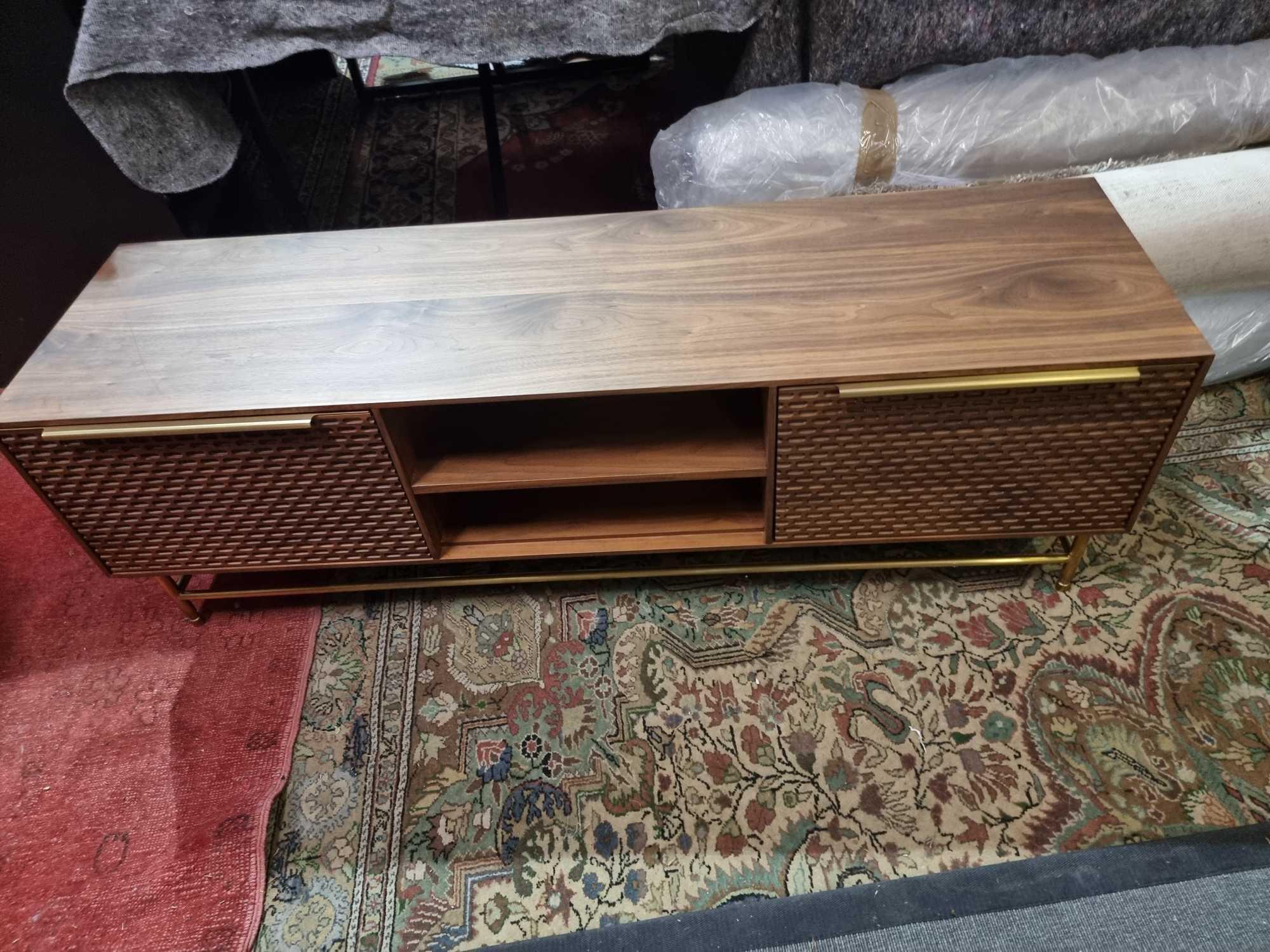 Combe Walnut Media Unit Solid And Veneer Black American Walnut With Honeycomb Carved Door Mounted on - Image 3 of 7