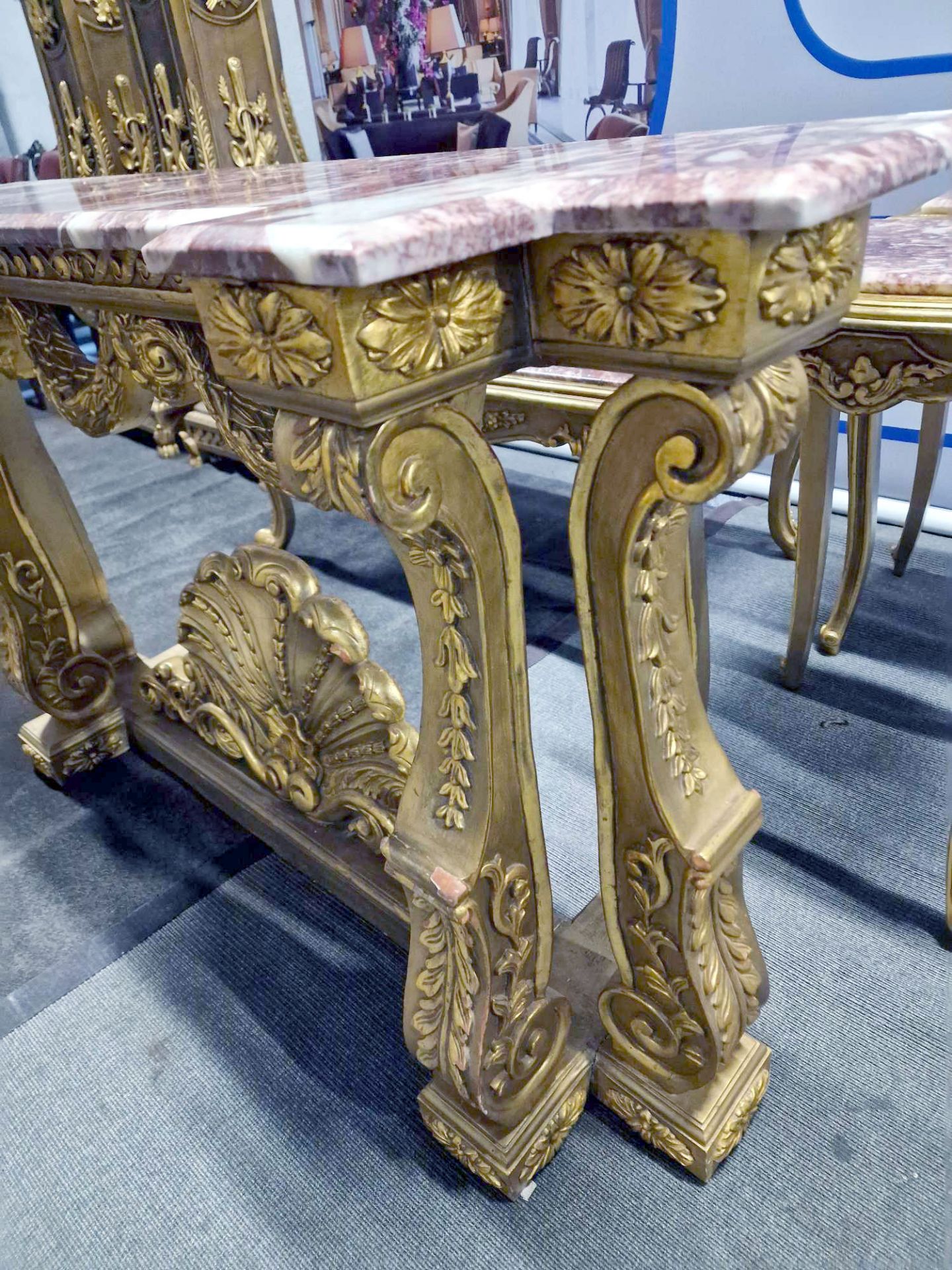 Italian Carved Gilt Wood Rococo Style Console Table The Bevelled Moulded And Thick Rosso Alicante - Image 22 of 24