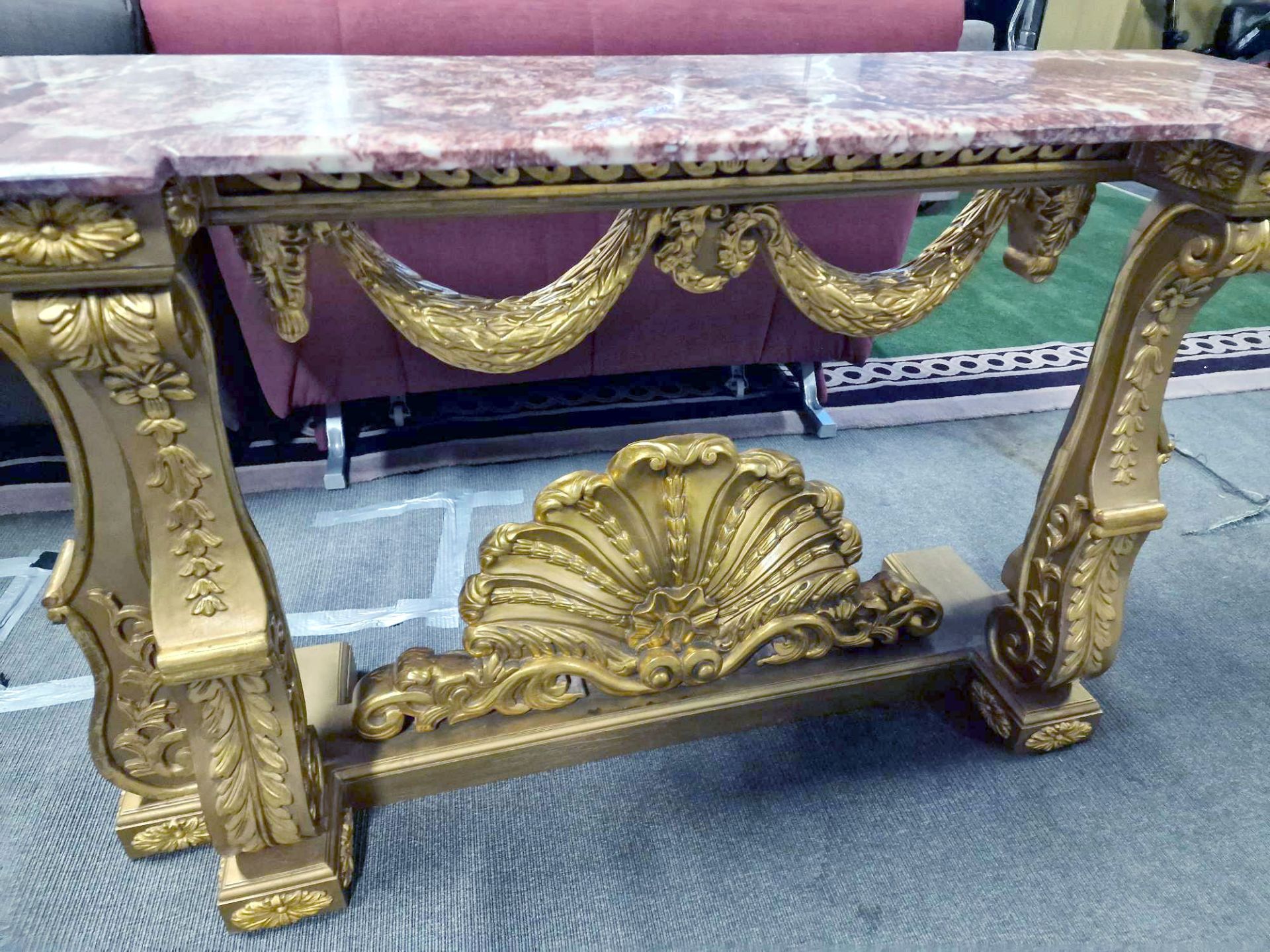 Italian Carved Gilt Wood Rococo Style Console Table The Bevelled Moulded And Thick Rosso Alicante - Image 16 of 16