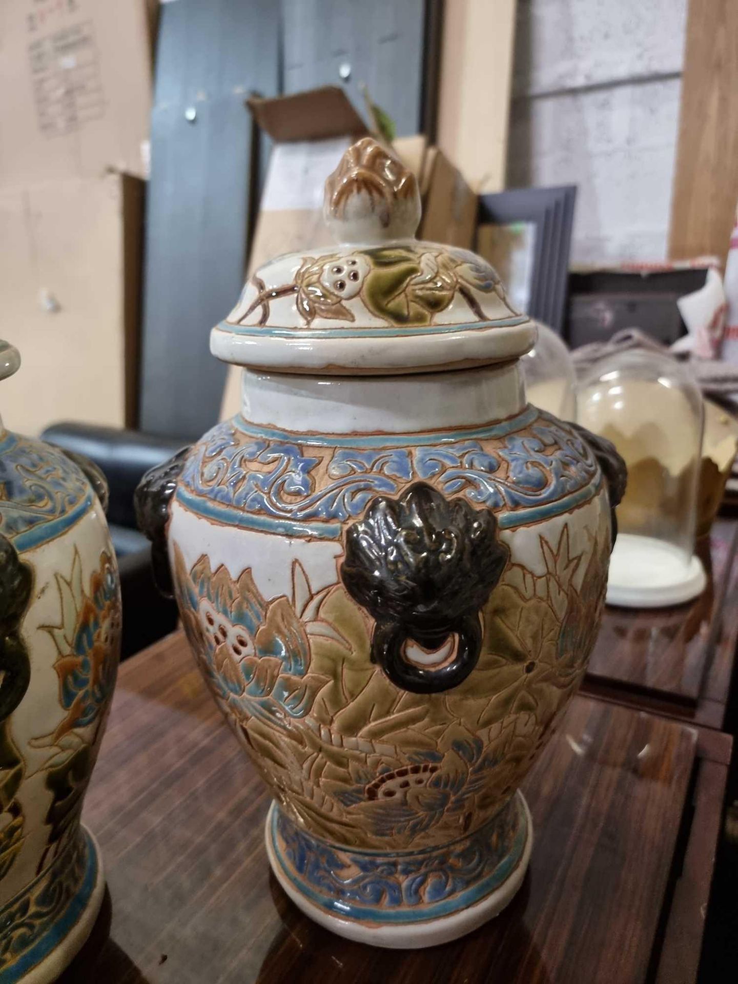 A Pair of Large Ceramic Temple Jars with Lids 40cm - Image 4 of 5