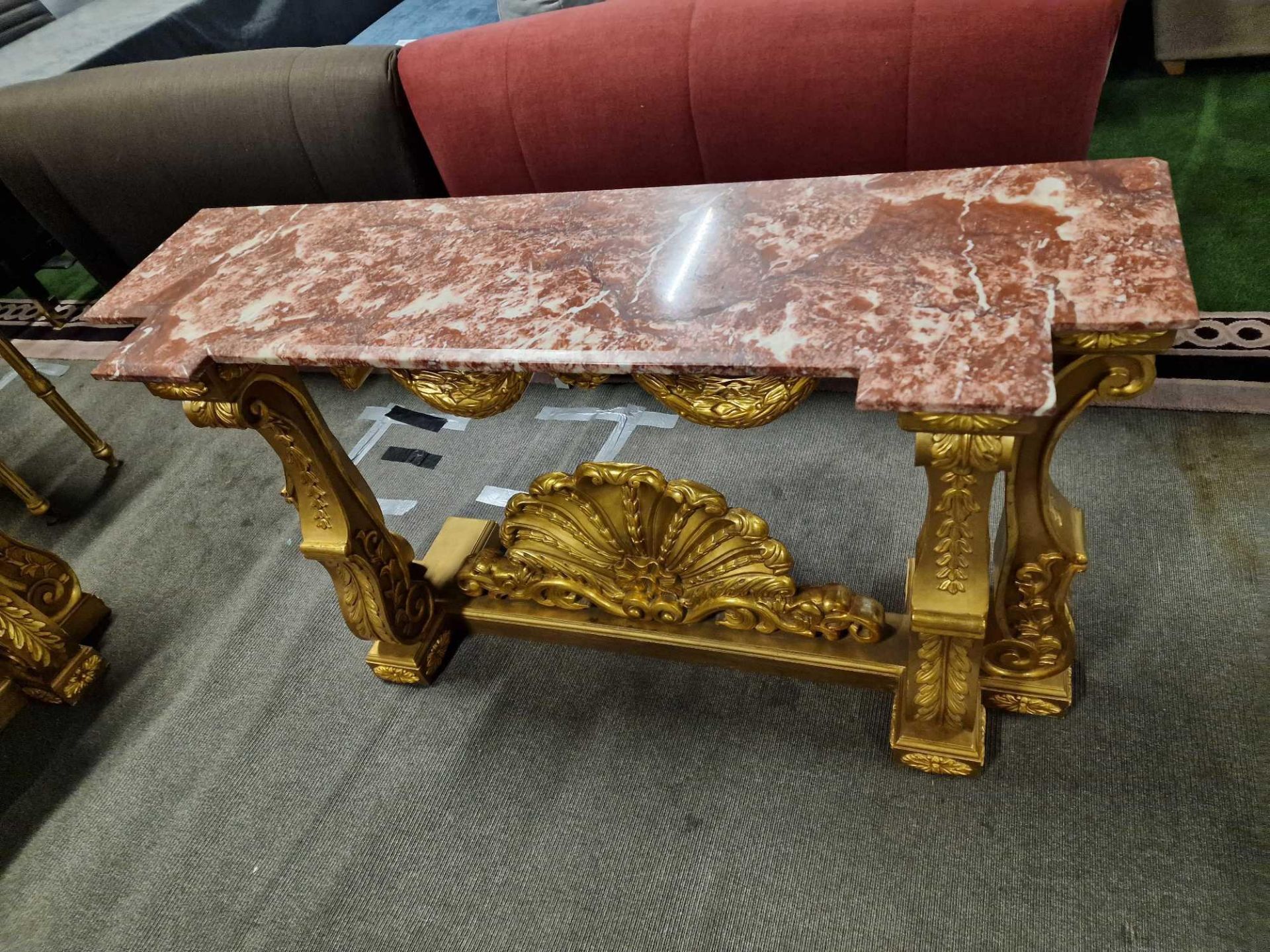 Italian Carved Gilt Wood Rococo Style Console Table The Bevelled Moulded And Thick Rosso Alicante - Image 6 of 16