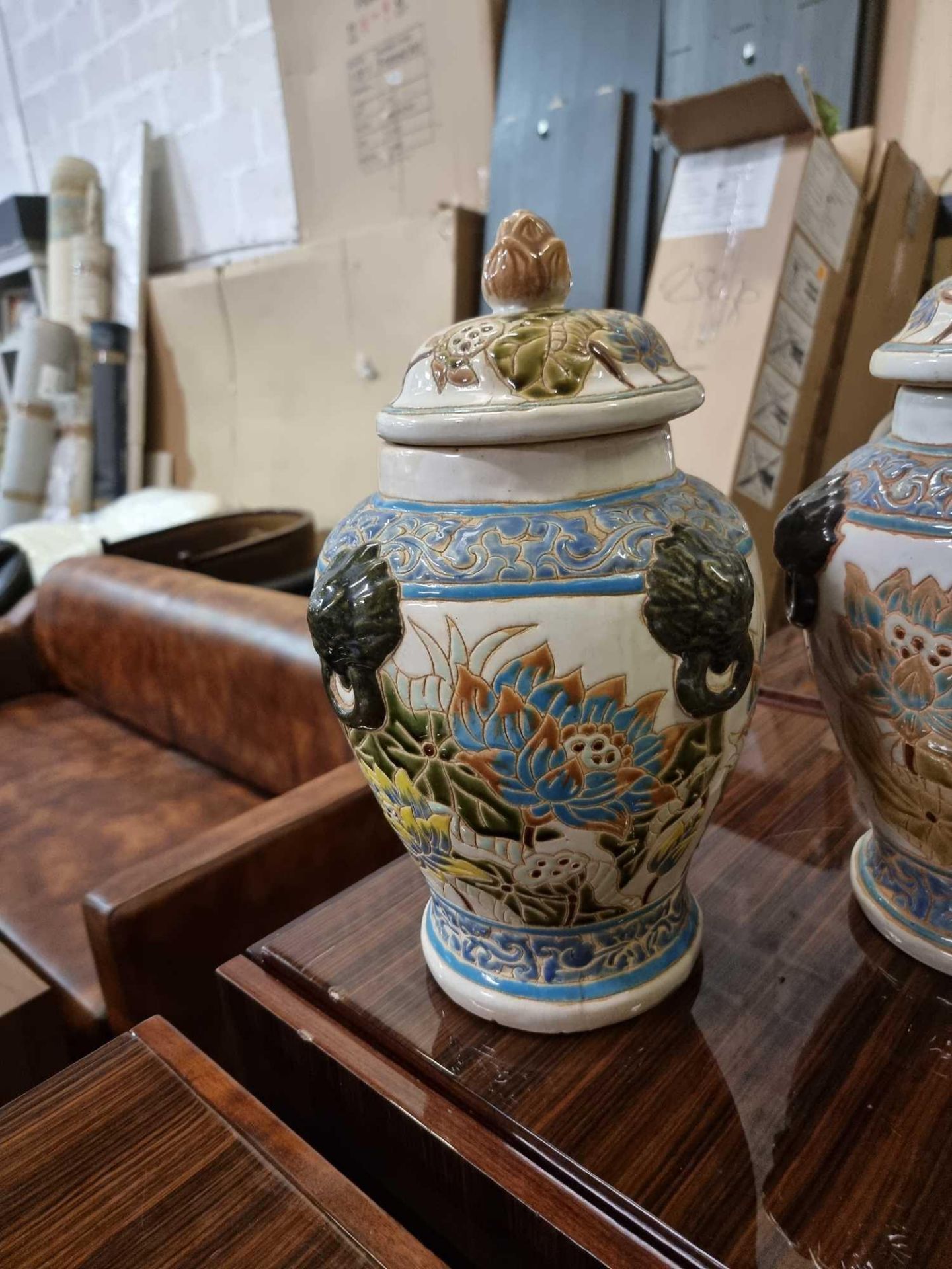 A Pair of Large Ceramic Temple Jars with Lids 40cm - Image 3 of 5