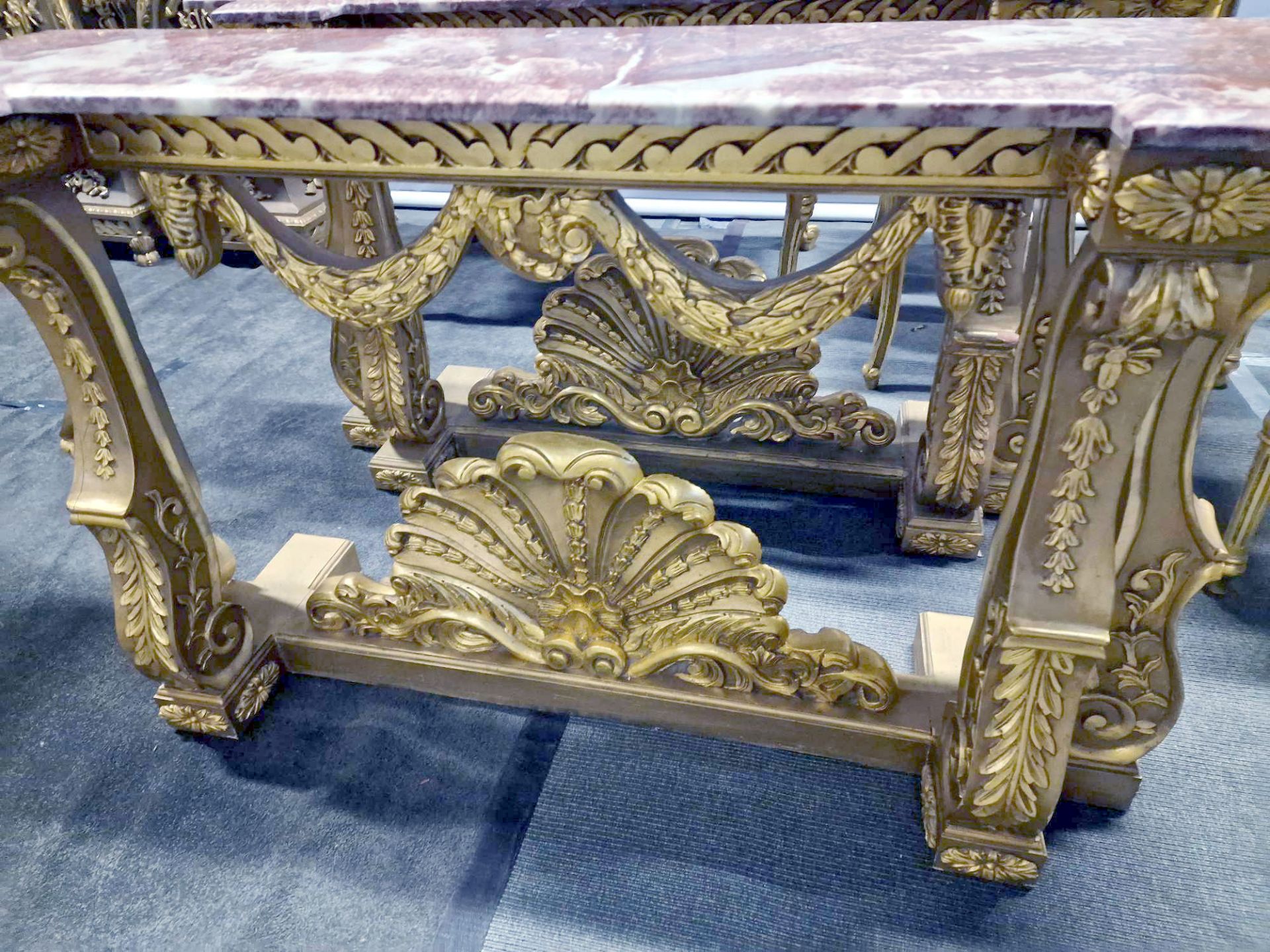 Italian Carved Gilt Wood Rococo Style Console Table The Bevelled Moulded And Thick Rosso Alicante - Image 10 of 24