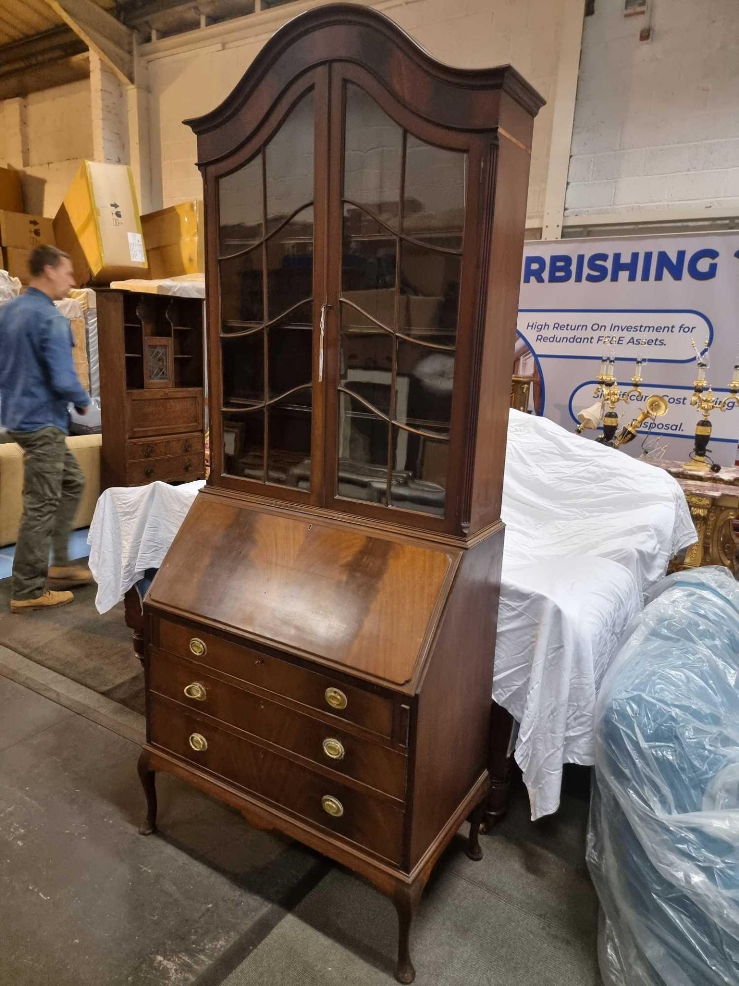 Mahogany Secretaire Bookcase By P E Gane Ltd, 1909-1954, Bristol, Furnishers Surmounted By Double