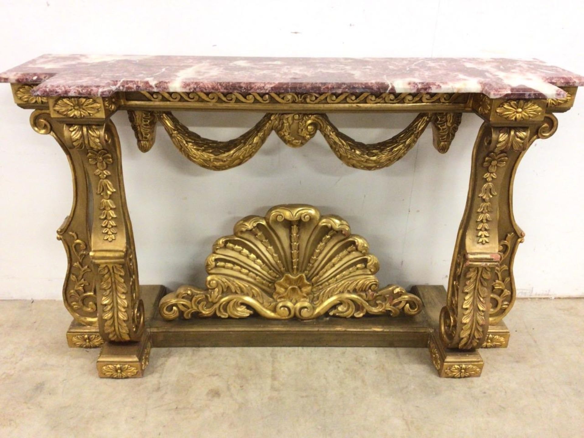 Italian Carved Gilt Wood Rococo Style Console Table The Bevelled Moulded And Thick Rosso Alicante - Image 6 of 24