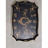 Wooden Japanned Oriental Decorated Large Tray With Handles Highly Decorated In Gold Paint Of Flowers