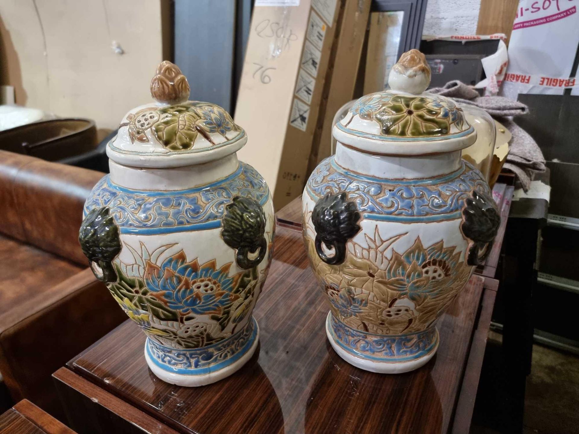 A Pair of Large Ceramic Temple Jars with Lids 40cm - Image 5 of 5