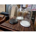 3 x Domed Glass Cloche 16.5cm Dia Two With Marble Base 26cm And One With Wooden Base 30cm