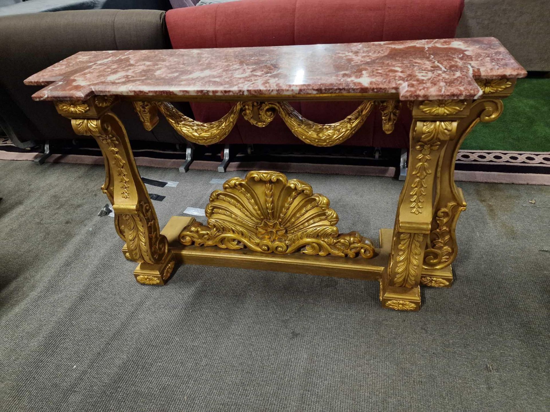 Italian Carved Gilt Wood Rococo Style Console Table The Bevelled Moulded And Thick Rosso Alicante - Image 2 of 16