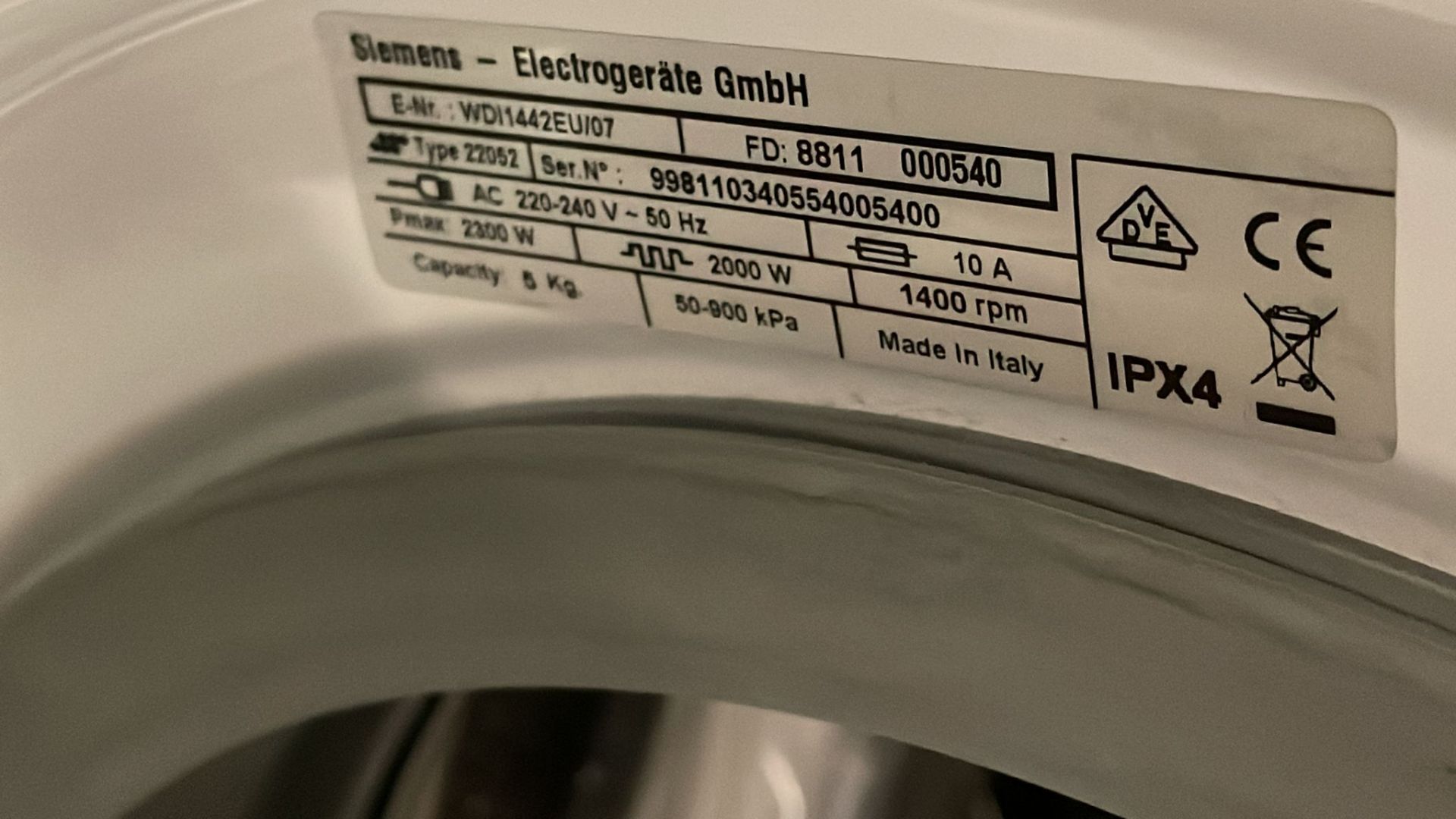 Siemens WDI1442. Integrated Washer Dryer Loading Type: Front-Load, Appliance Placement: Built-In, - Bild 3 aus 3