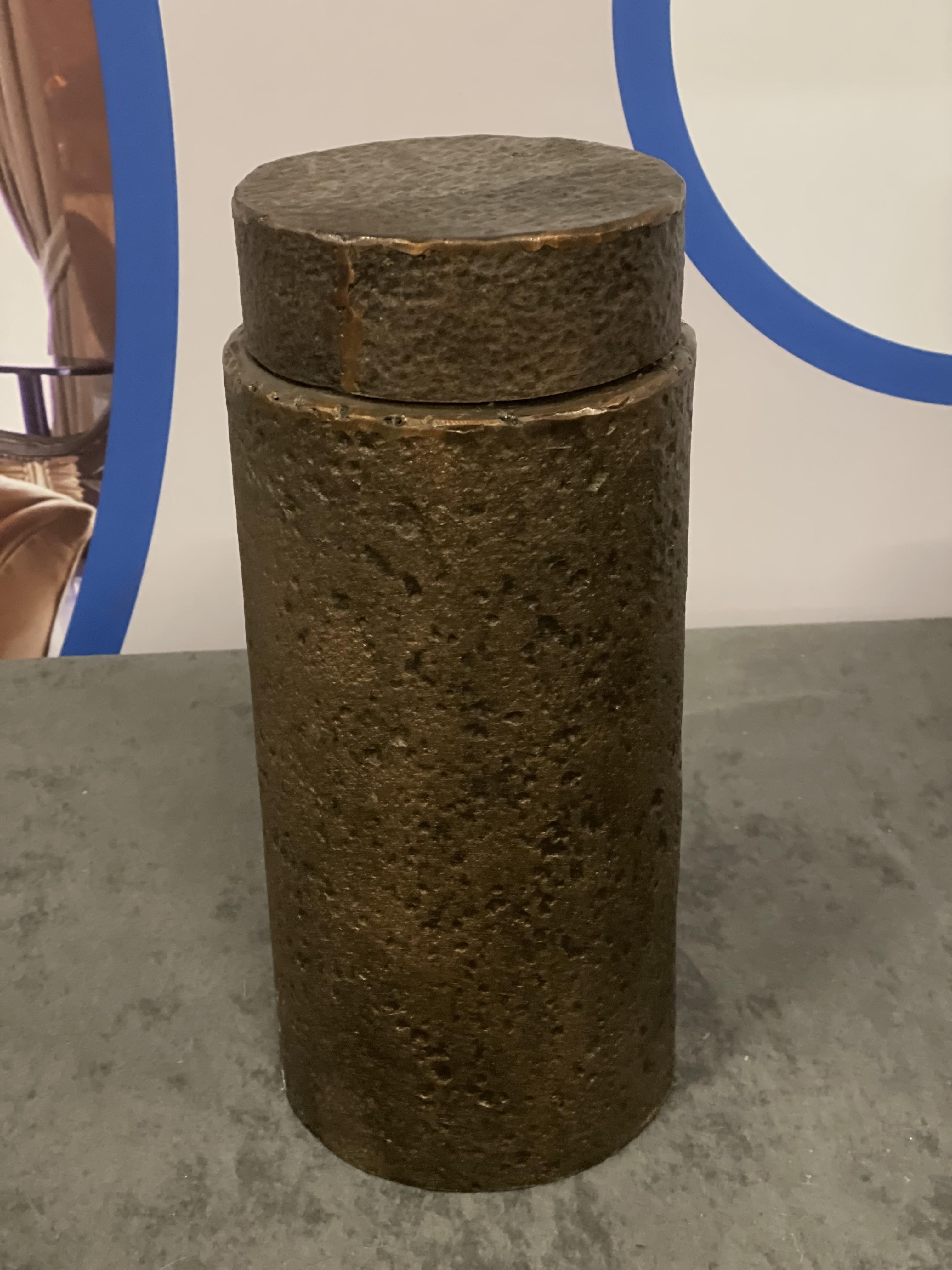 Bronze Cylindrical Metal Hammer Pot With Lid 35cm A Unique Piece, Constructed From Metal With An - Image 2 of 2