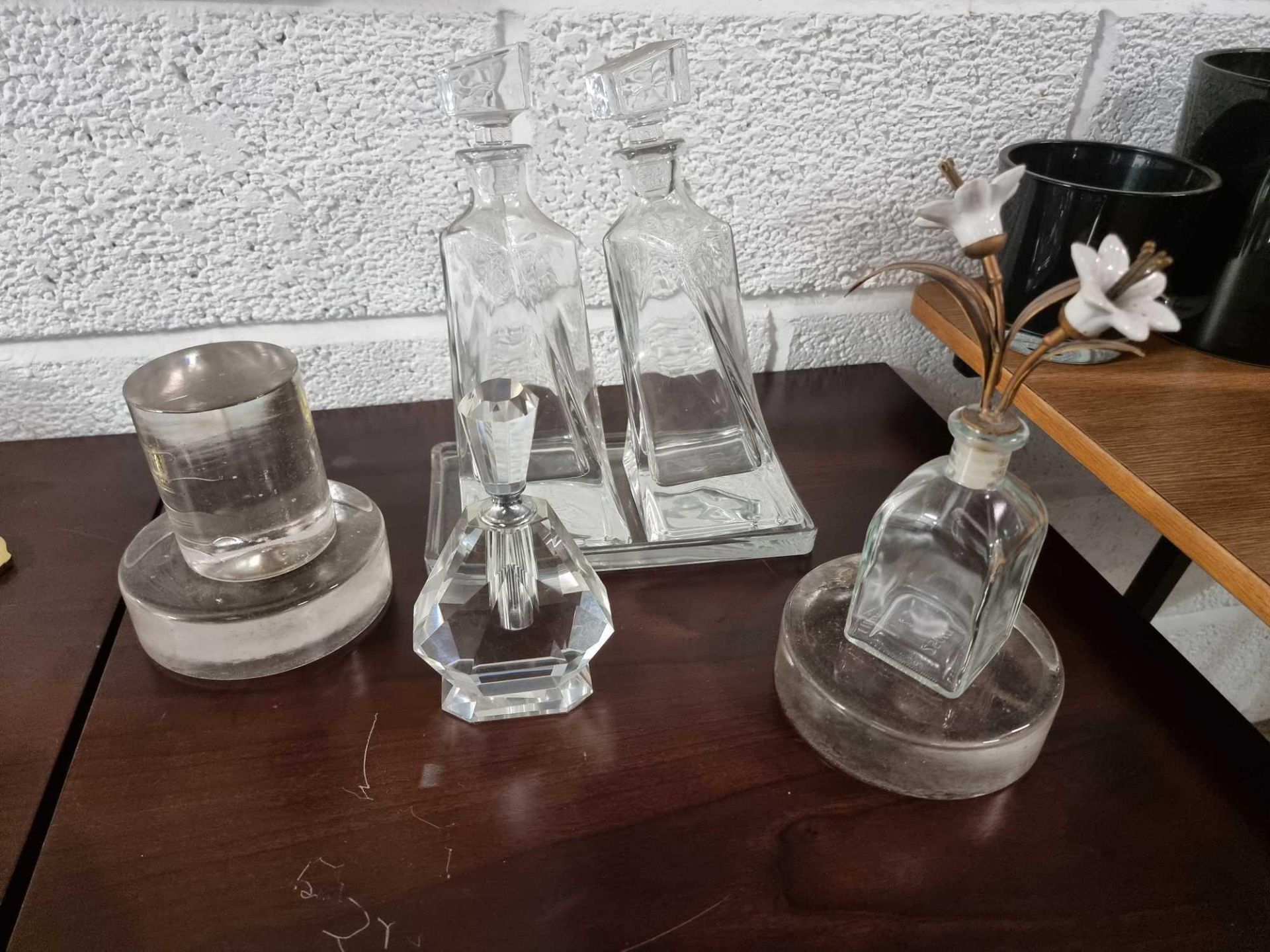 A Collection Of Six Pieces Of Glass Decorative Objets As Photographed To Include A Decanter Set,