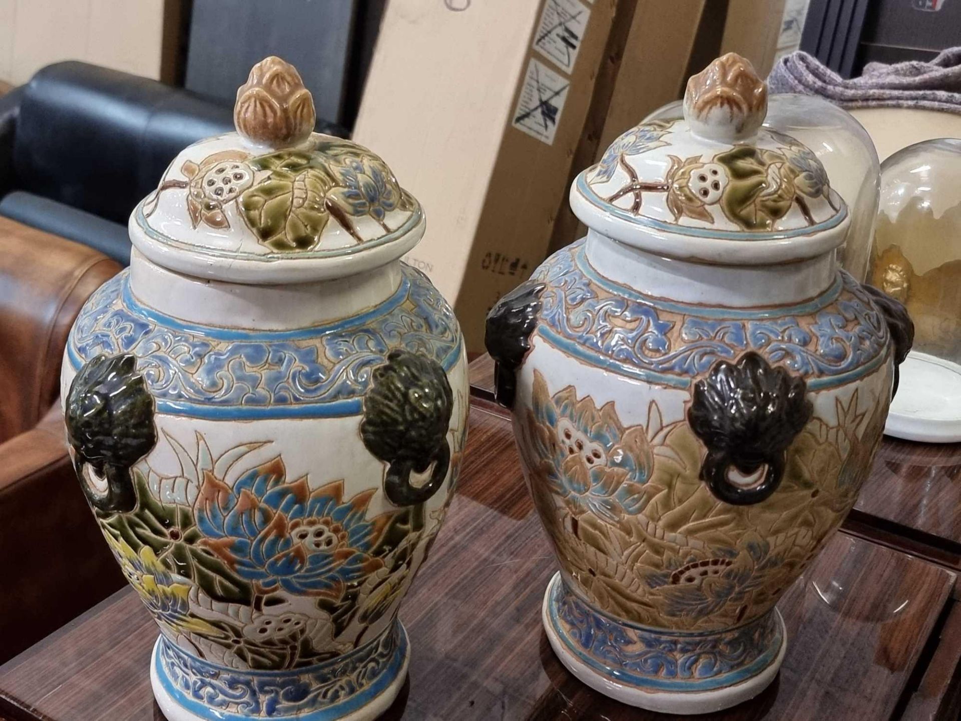 A Pair of Large Ceramic Temple Jars with Lids 40cm - Image 2 of 5