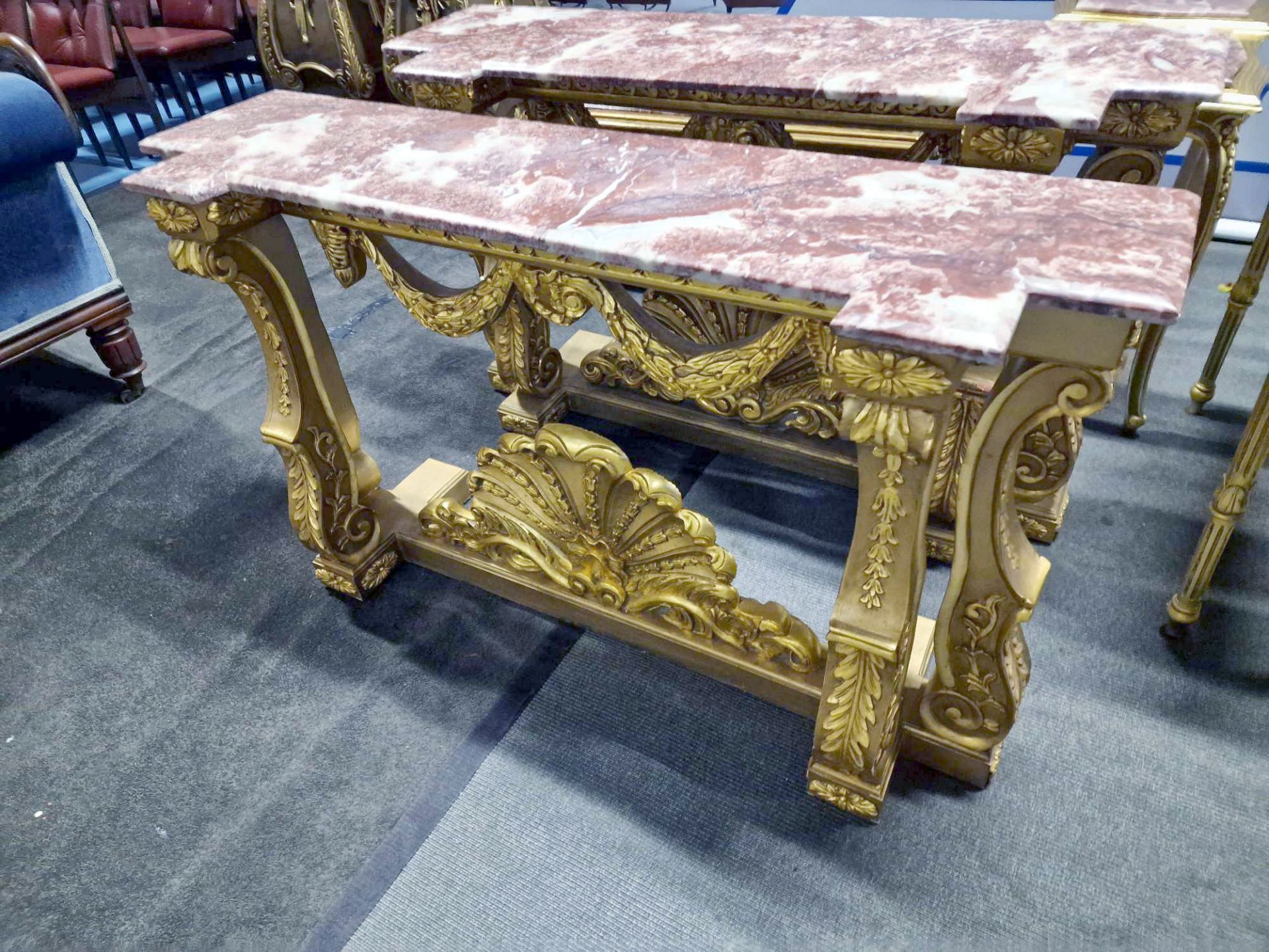 Italian Carved Gilt Wood Rococo Style Console Table The Bevelled Moulded And Thick Rosso Alicante - Image 5 of 24