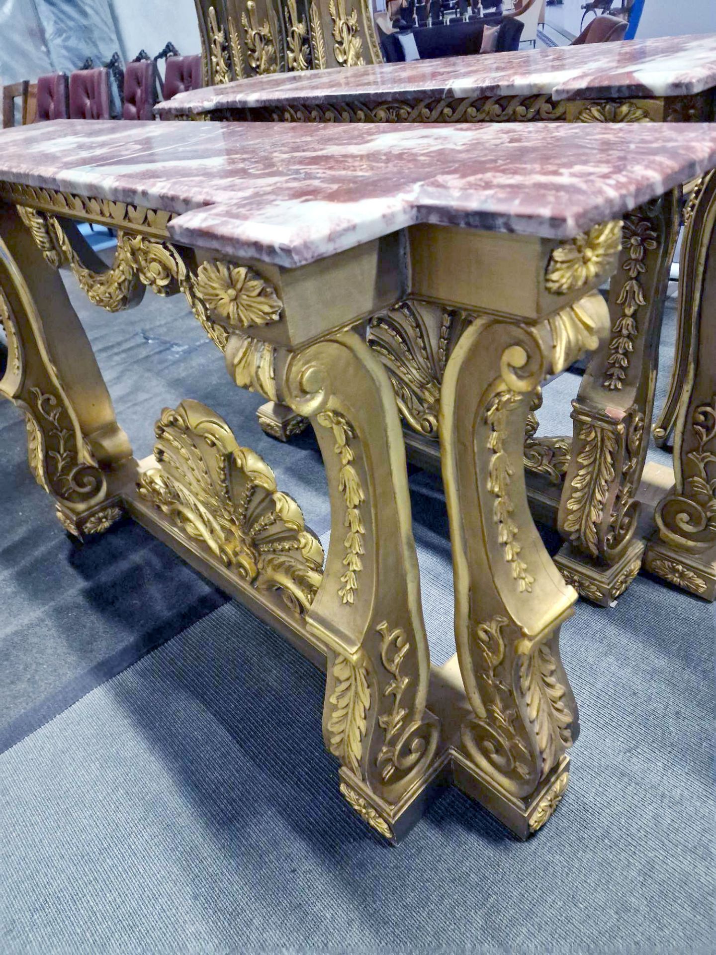 Italian Carved Gilt Wood Rococo Style Console Table The Bevelled Moulded And Thick Rosso Alicante - Image 13 of 24