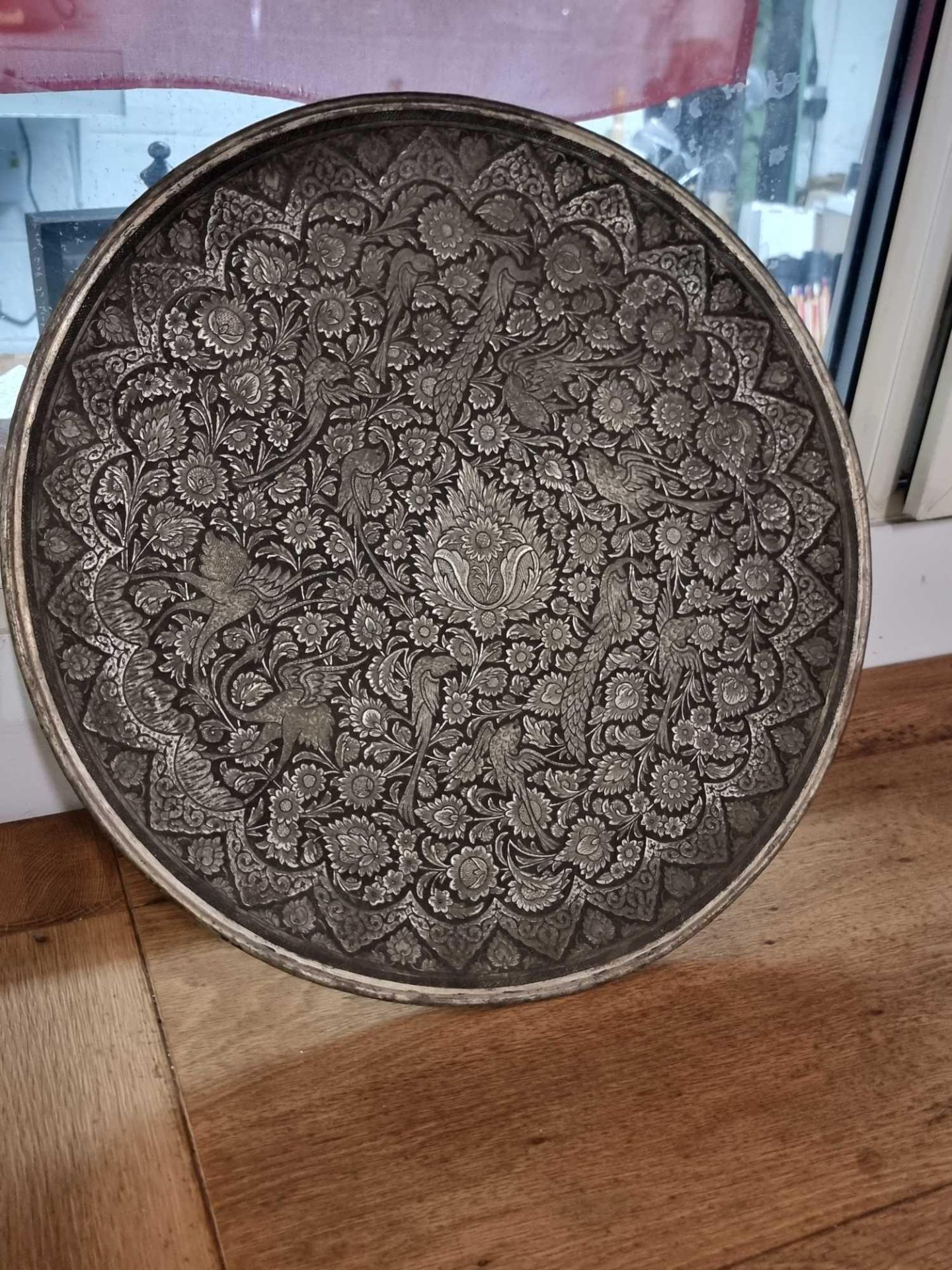 An Islamic Large Silver Metal Platter A Heavy Carved Piece 48cm