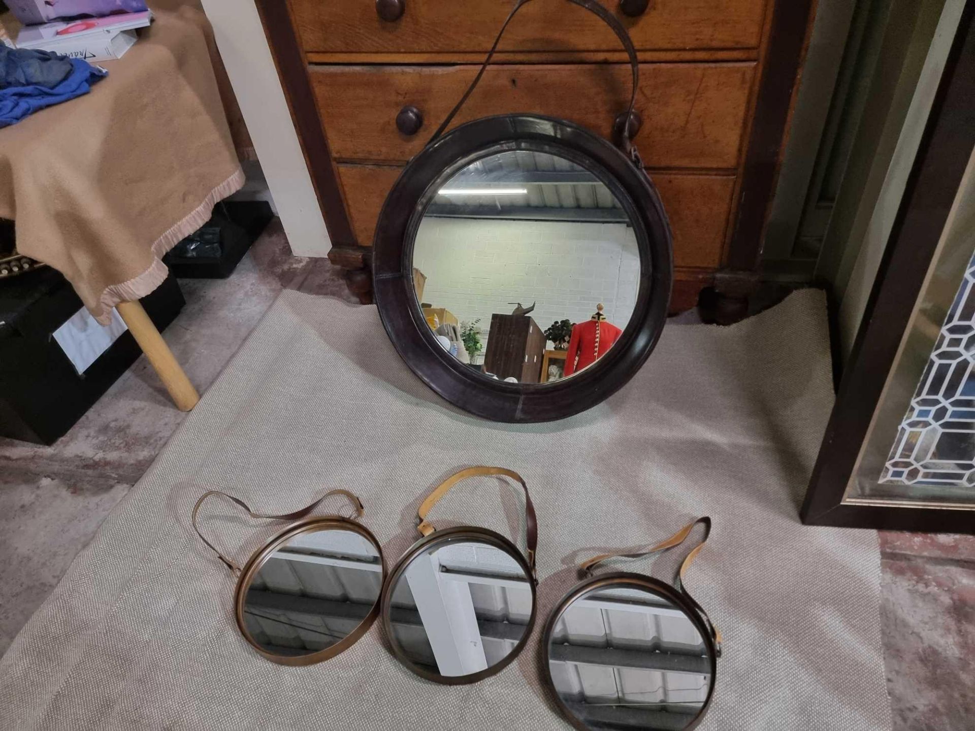 A Set Of 4 x Mirrors Round Mirror With A Leather Frame And Strap And A Padded Back 71cm And 3 x