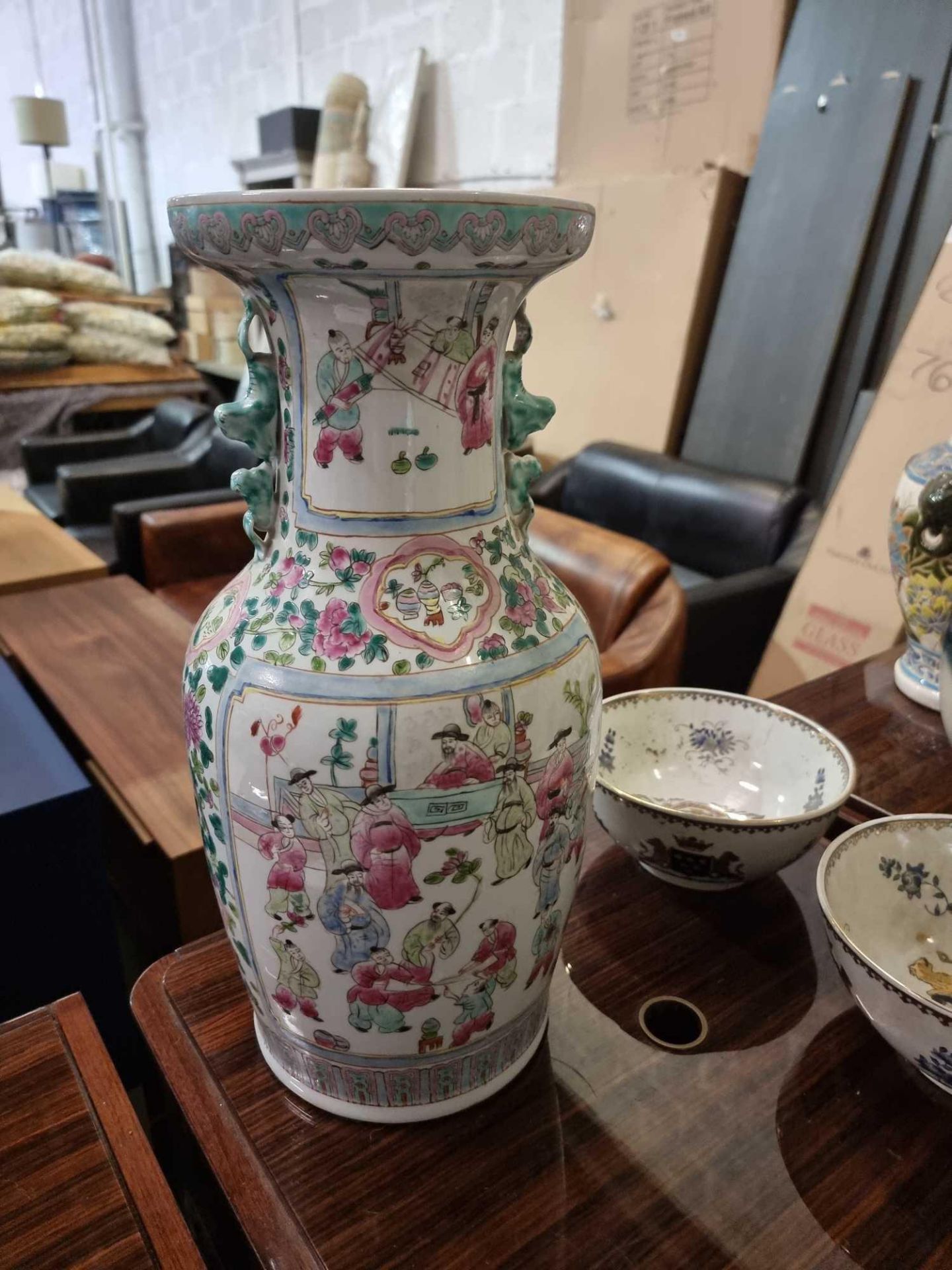 Large Chinese Canton Famille Rose Baluster Vase , Painted With Figures In A Court Setting And Panels