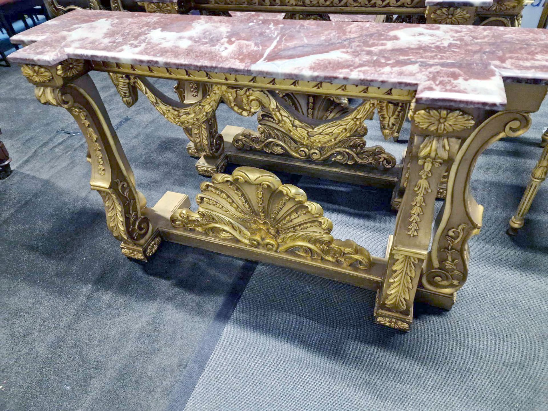 Italian Carved Gilt Wood Rococo Style Console Table The Bevelled Moulded And Thick Rosso Alicante