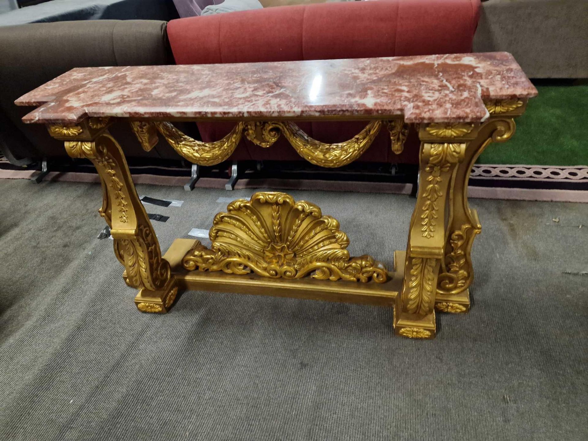 Italian Carved Gilt Wood Rococo Style Console Table The Bevelled Moulded And Thick Rosso Alicante - Image 4 of 16